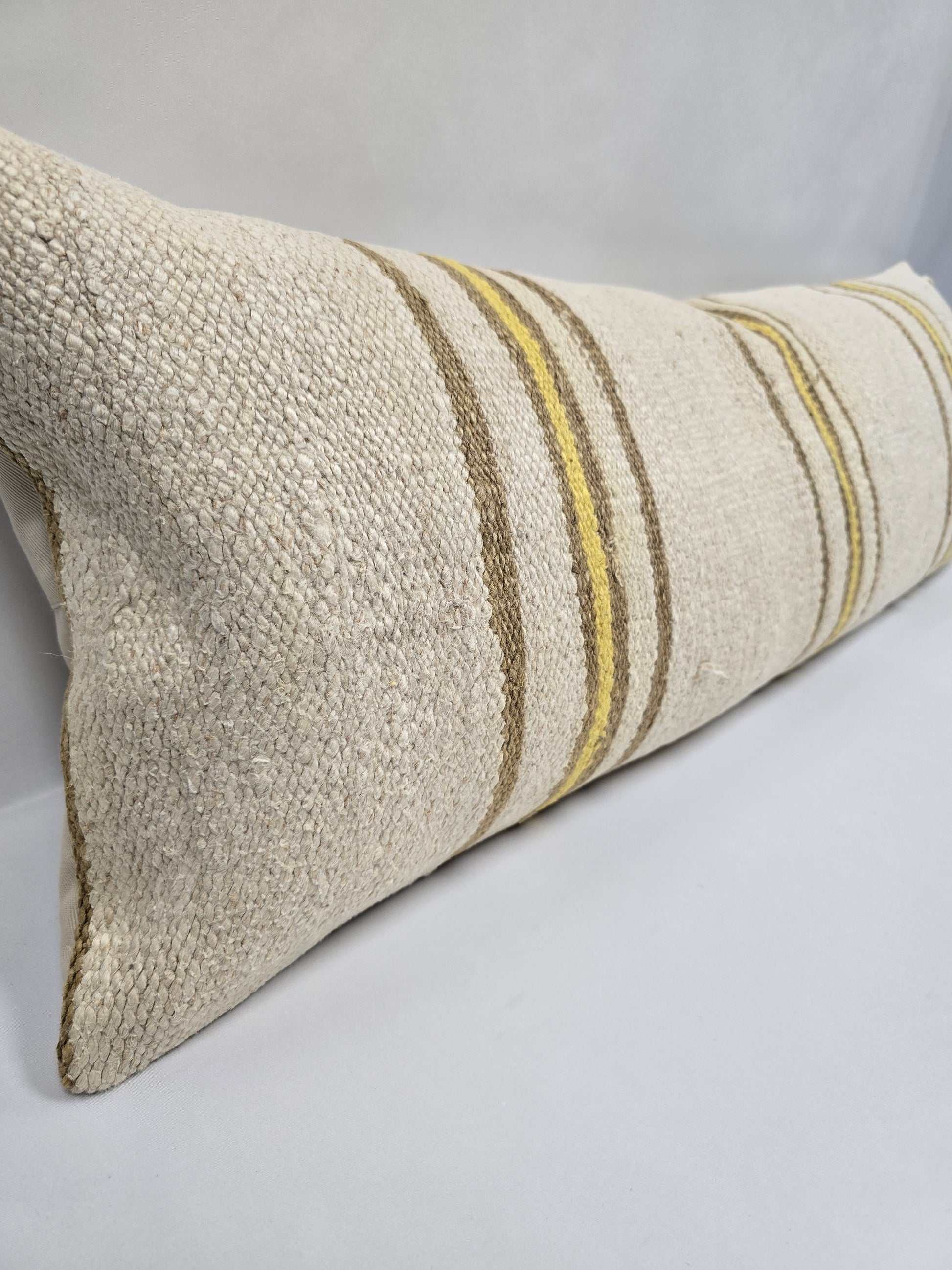 Turkish Lumbar Rug Pillow Cream Brown Yellow Cushion Cover Hemp Pillow 14" x 40" #9356