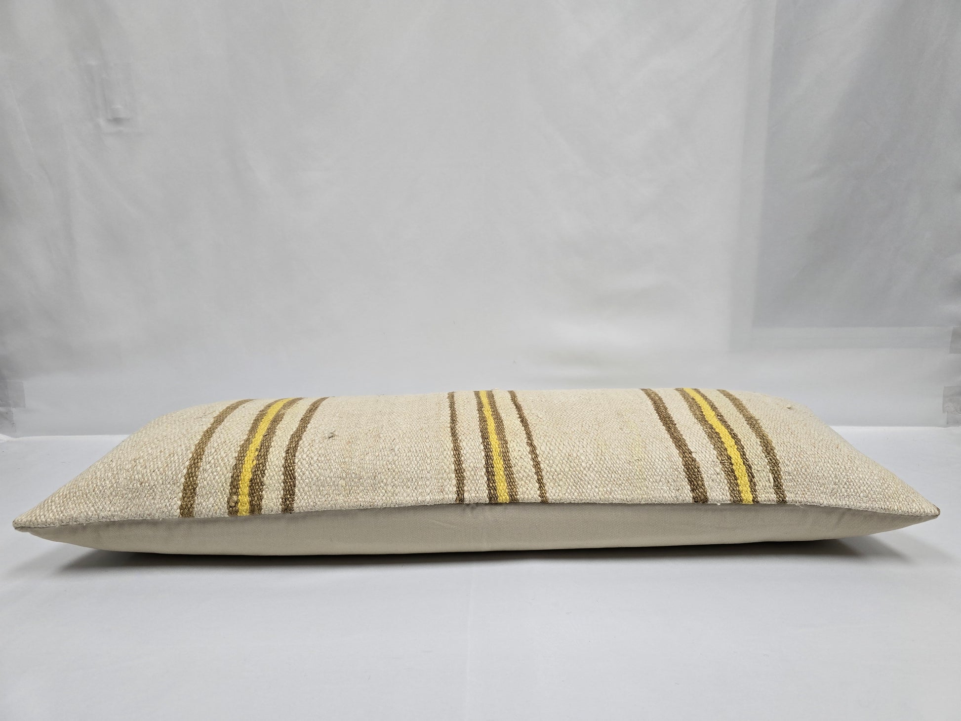 Turkish Lumbar Rug Pillow Cream Brown Yellow Cushion Cover Hemp Pillow 14" x 40" #9356