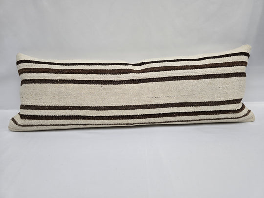 Turkish Lumbar Rug Pillow Cream Brown Cushion Cover Hemp Pillow 14" x 40" #9354