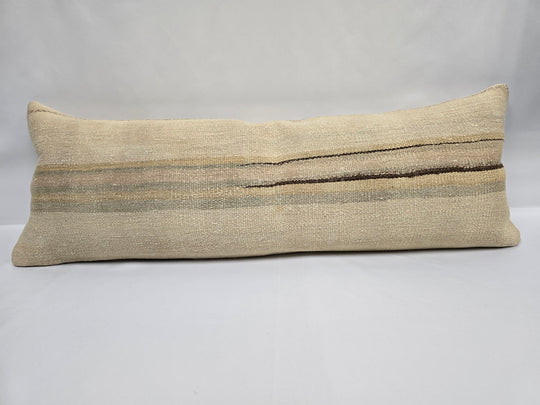 Turkish Lumbar Rug Pillow Cream Brown Gray Cushion Cover Hemp Pillow 14" x 40" #9353