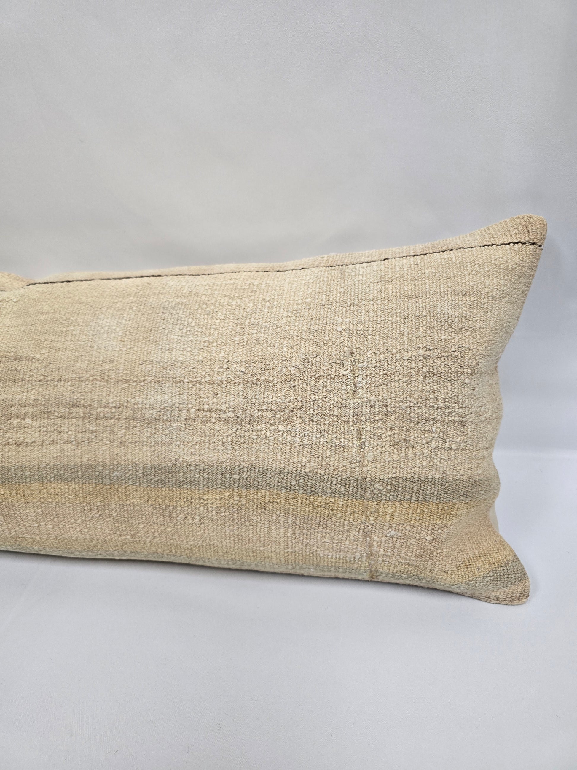 Turkish Lumbar Rug Pillow Cream Brown Gray Cushion Cover Hemp Pillow 14" x 40" #9352