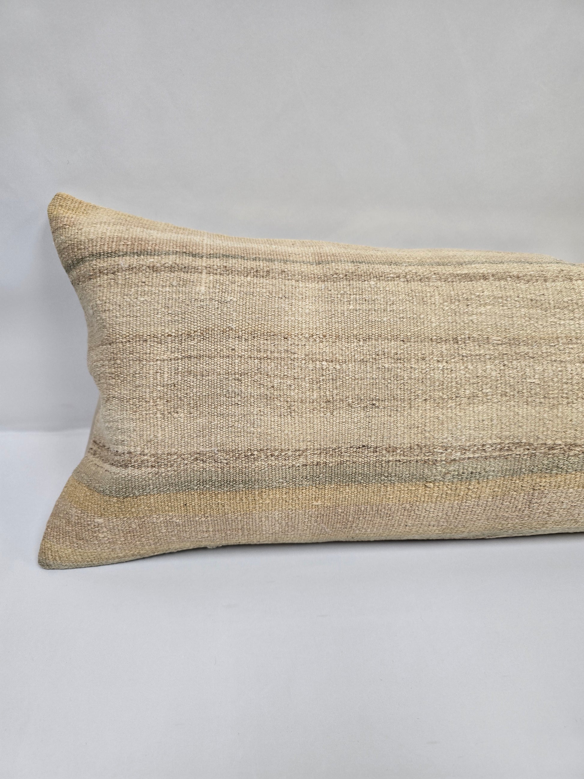 Turkish Lumbar Rug Pillow Cream Brown Gray Cushion Cover Hemp Pillow 14" x 40" #9352