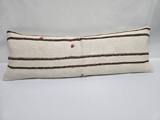 Turkish Lumbar Rug Pillow Beige Brown Pink Cushion Cover Hemp Pillow 14" x 40" #9348