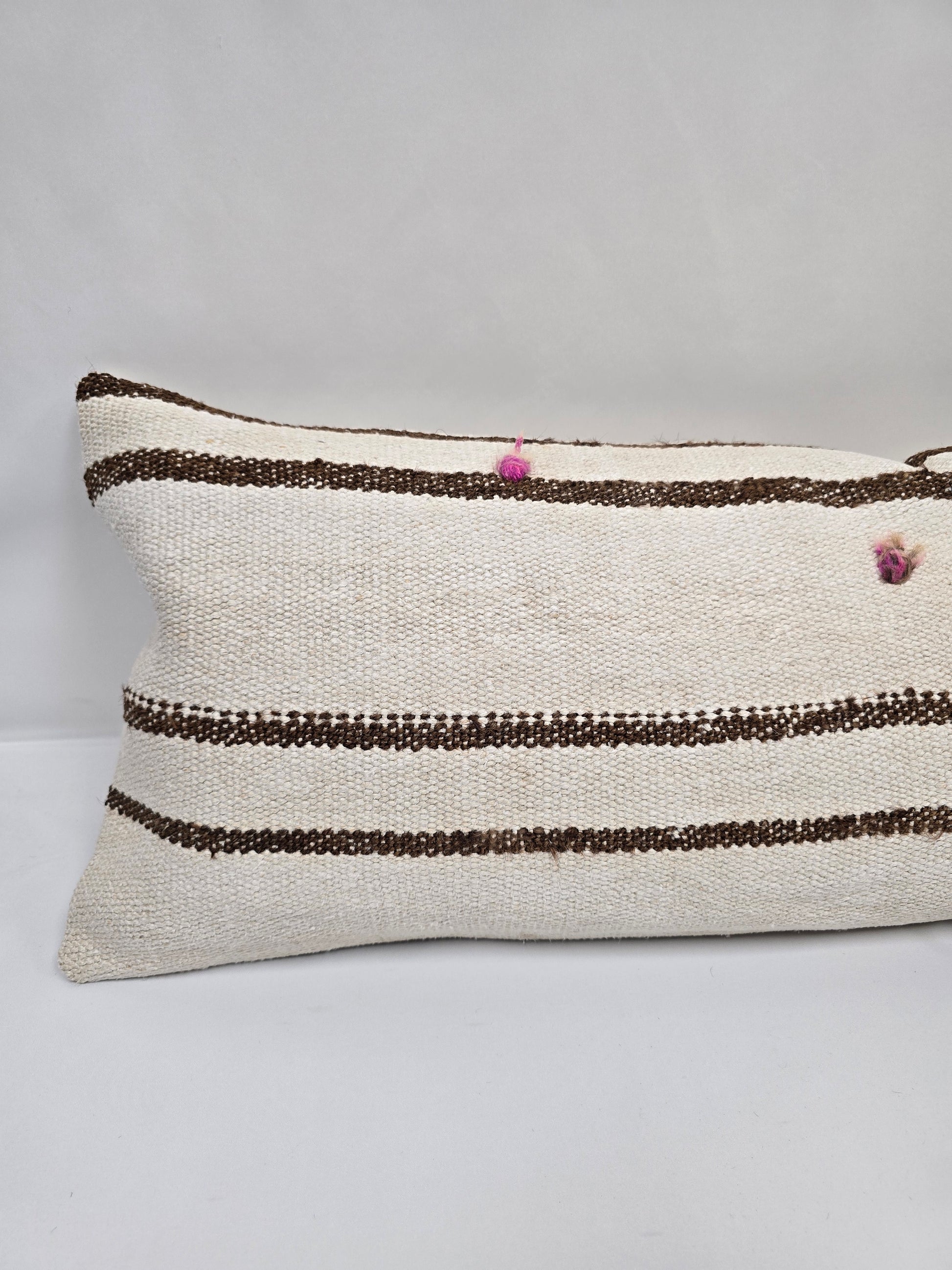 Turkish Lumbar Rug Pillow Beige Brown Pink Cushion Cover Hemp Pillow 14" x 40" #9348
