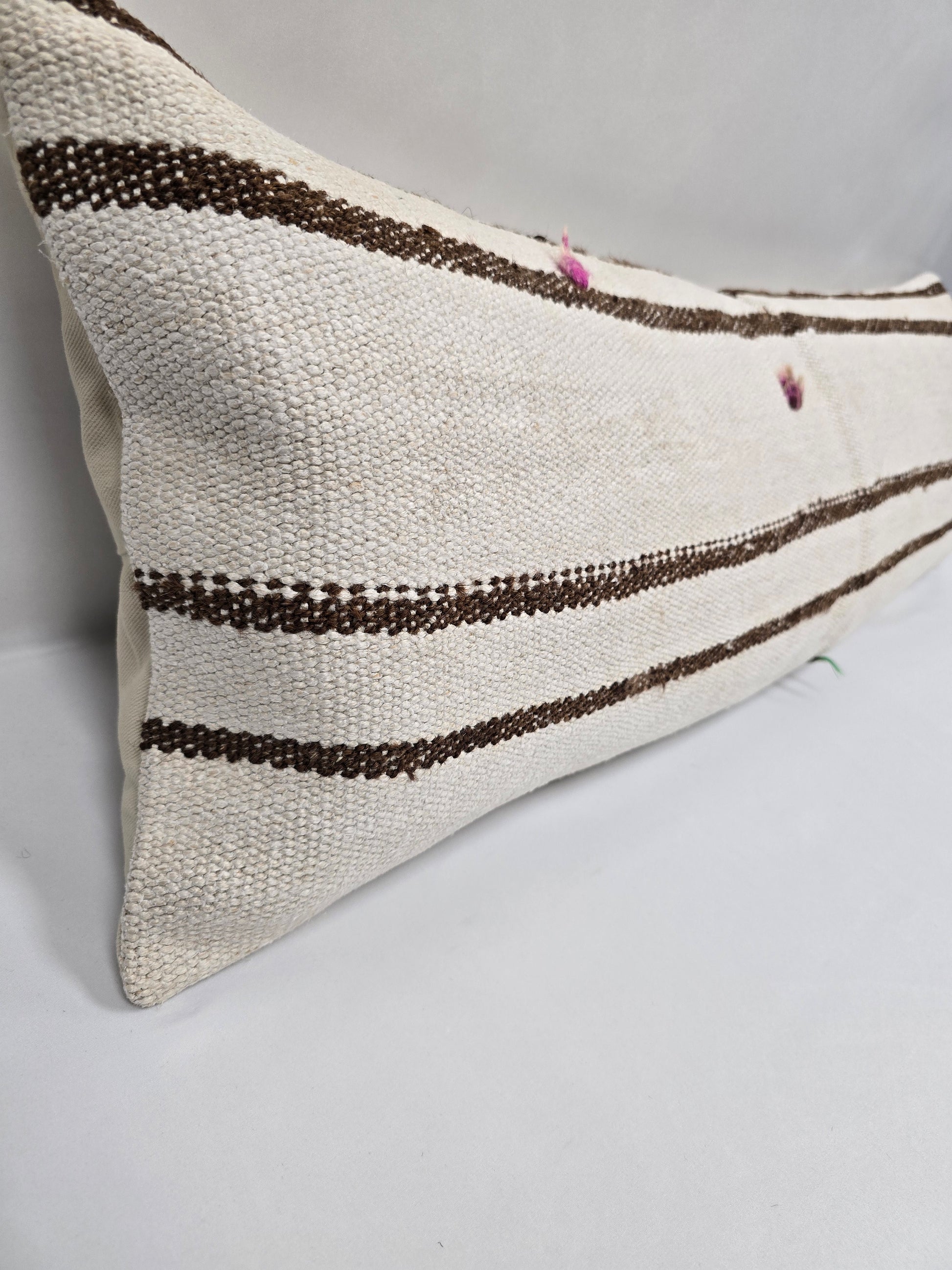 Turkish Lumbar Rug Pillow Beige Brown Pink Cushion Cover Hemp Pillow 14" x 40" #9348