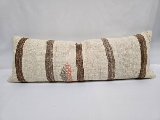 Turkish Lumbar Rug Pillow Beige Brown Gray Cushion Cover Hemp Pillow 14" x 40" #9364
