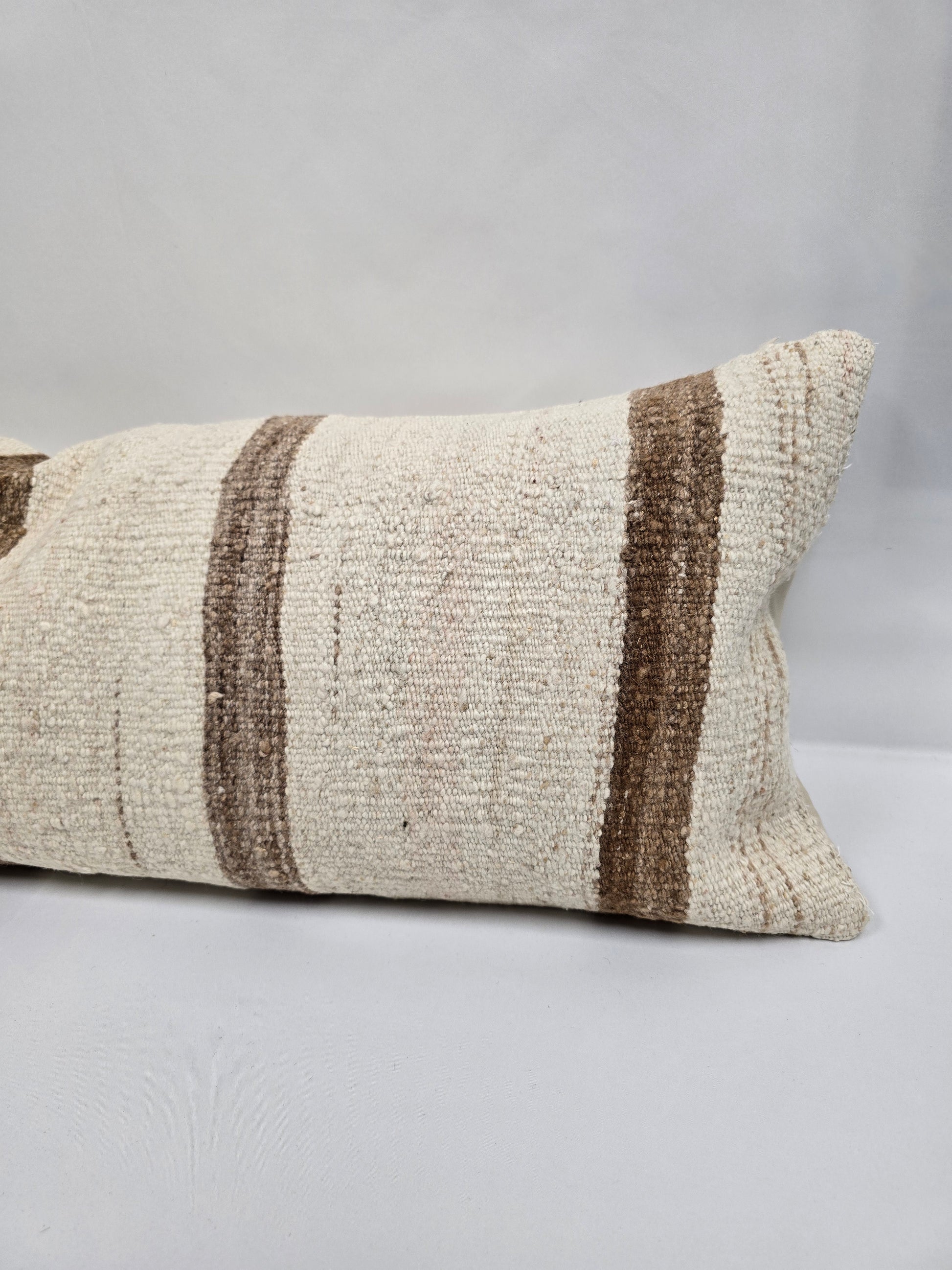 Turkish Lumbar Rug Pillow Beige Brown Gray Cushion Cover Hemp Pillow 14" x 40" #9364