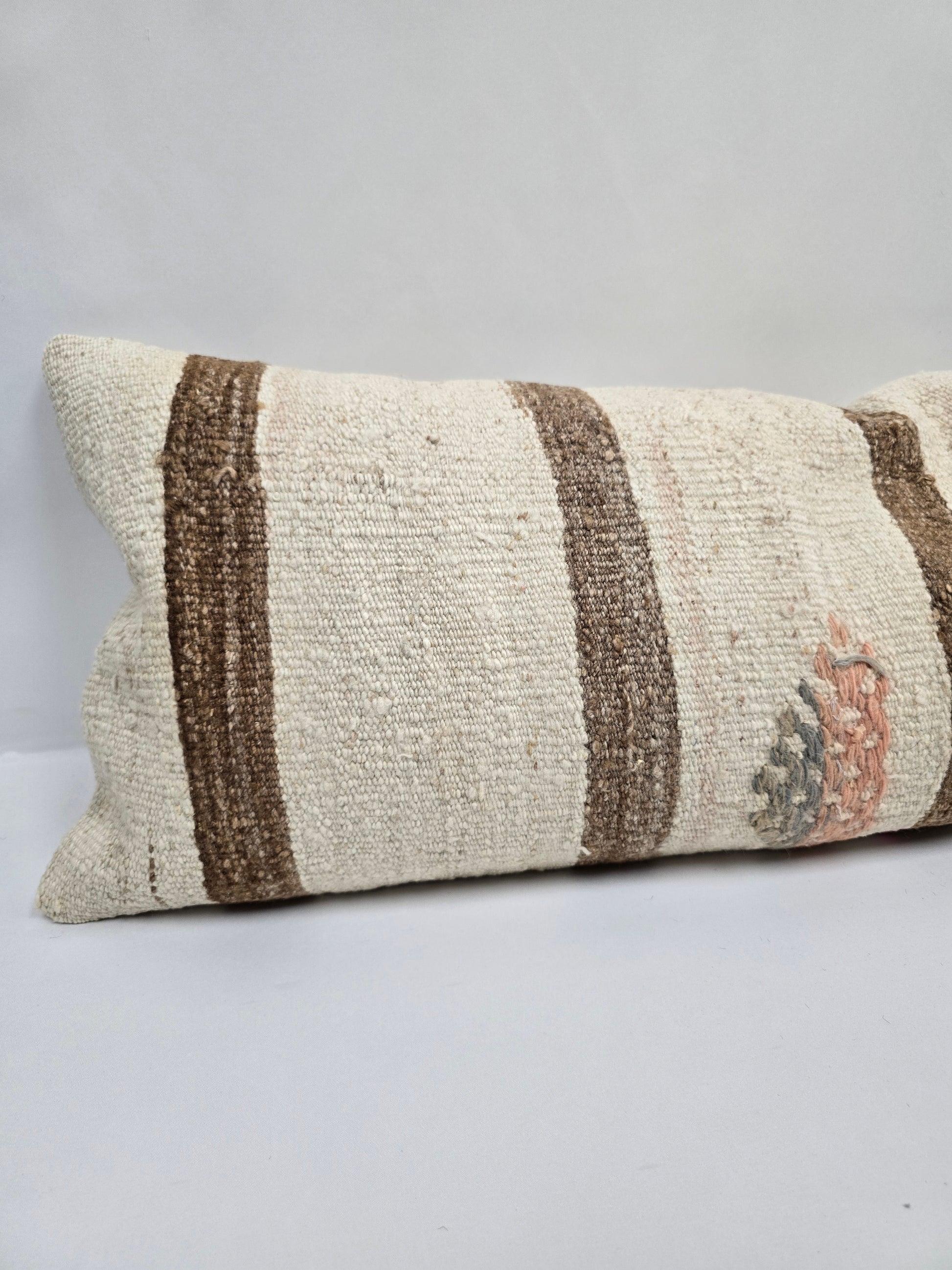Turkish Lumbar Rug Pillow Beige Brown Gray Cushion Cover Hemp Pillow 14" x 40" #9364