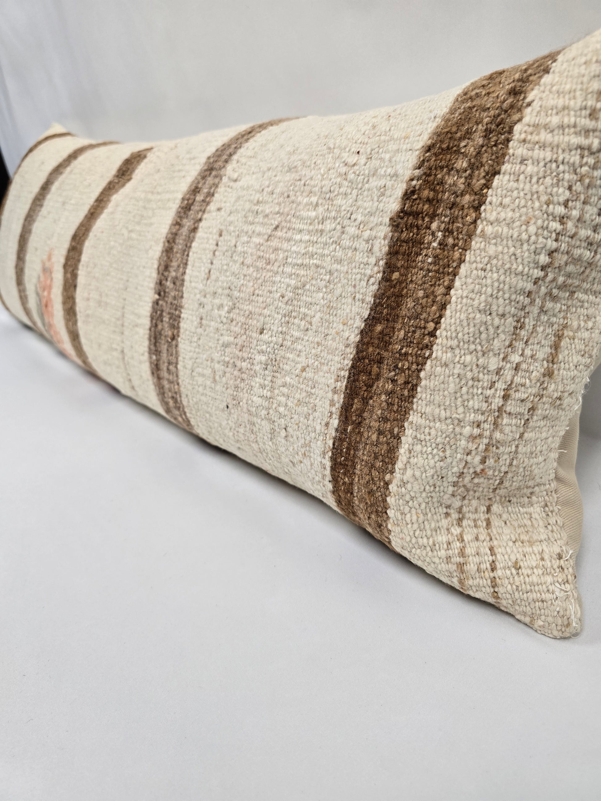Turkish Lumbar Rug Pillow Beige Brown Gray Cushion Cover Hemp Pillow 14" x 40" #9364
