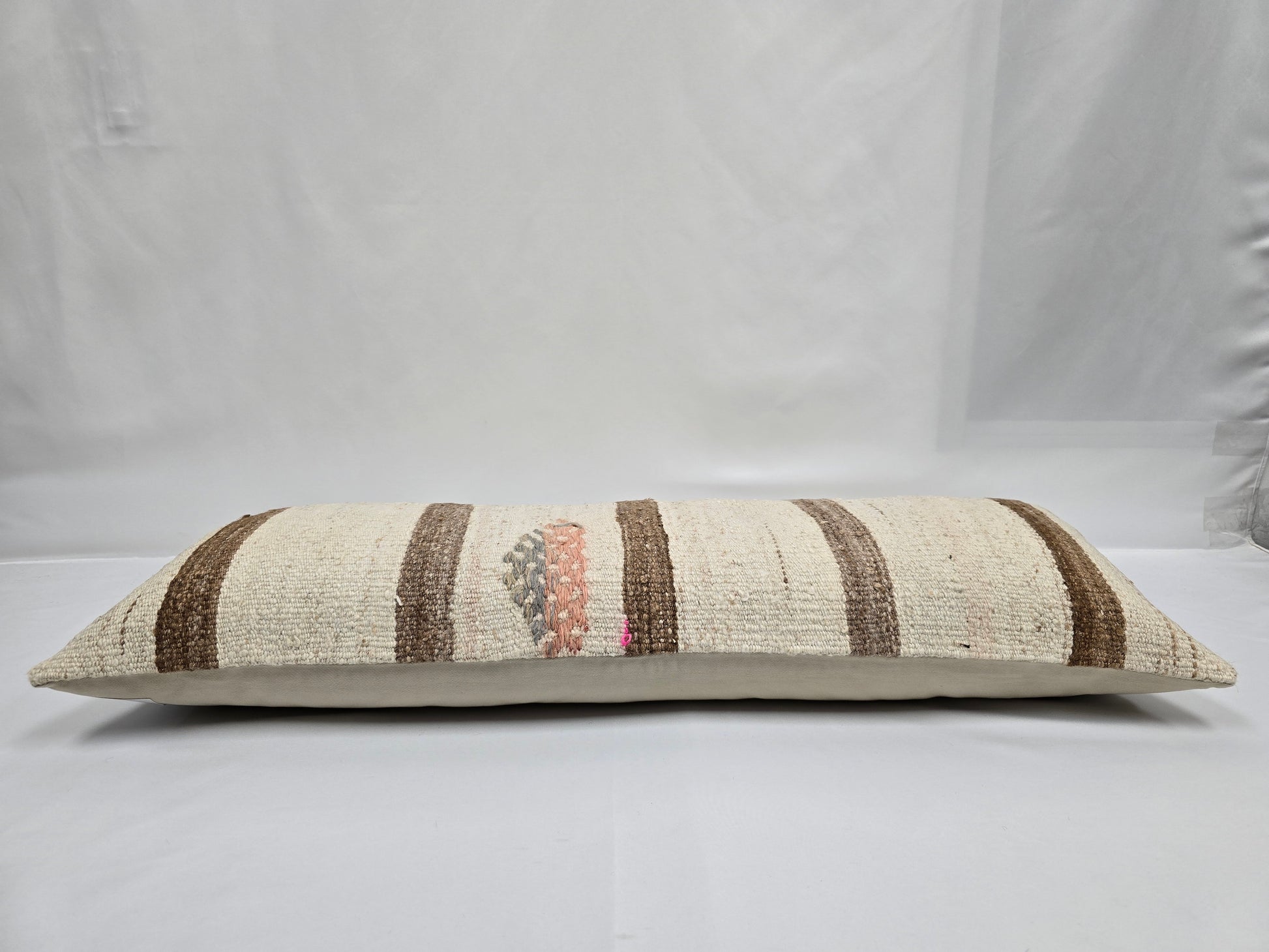 Turkish Lumbar Rug Pillow Beige Brown Gray Cushion Cover Hemp Pillow 14" x 40" #9364