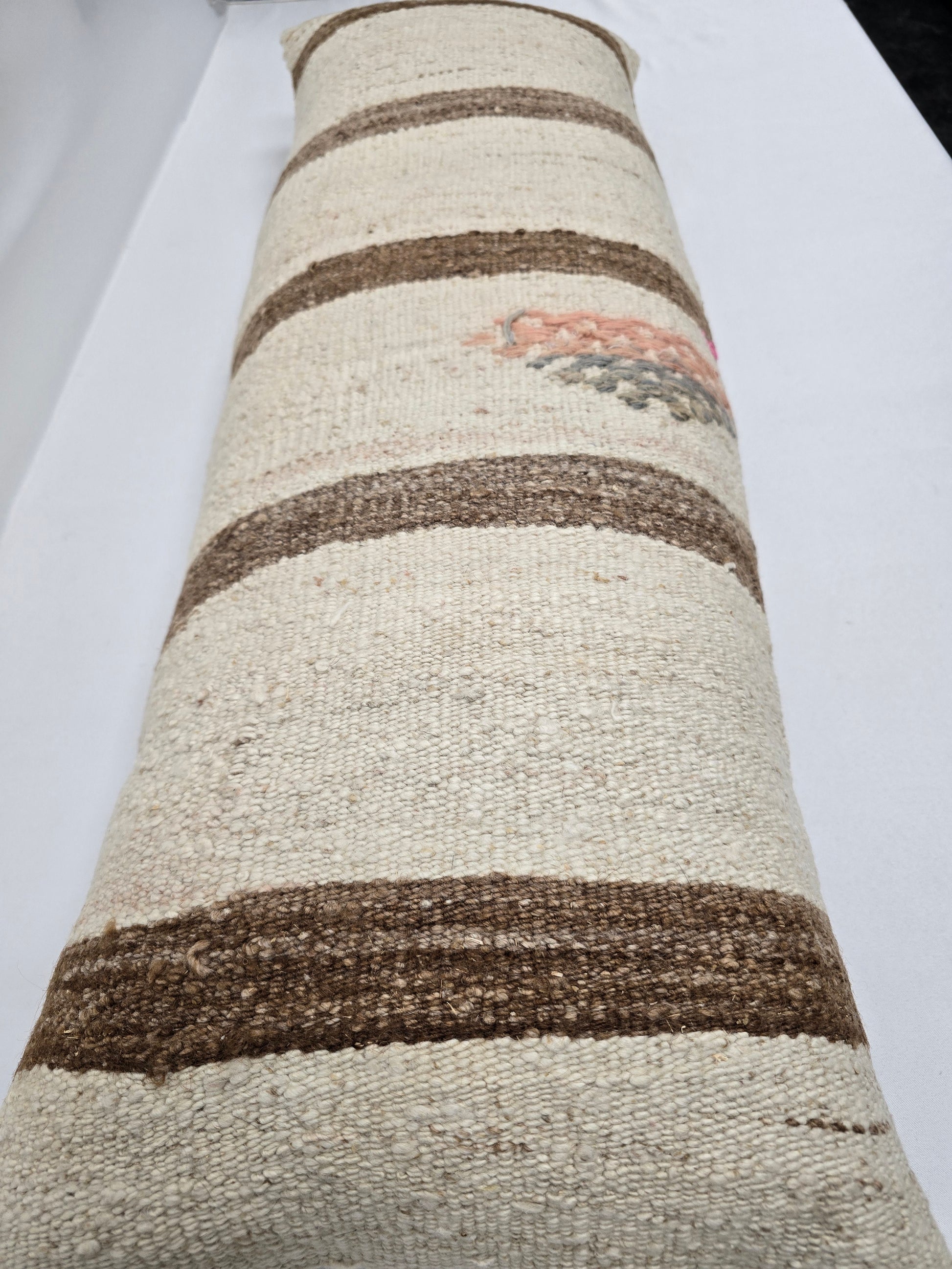 Turkish Lumbar Rug Pillow Beige Brown Gray Cushion Cover Hemp Pillow 14" x 40" #9364