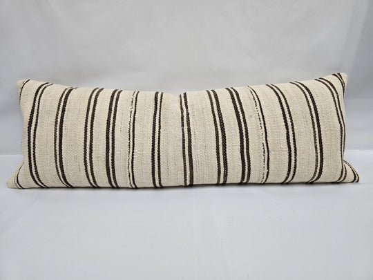 Turkish Lumbar Rug Pillow Beige Brown Black Cushion Cover Hemp Pillow 14" x 40" #9363