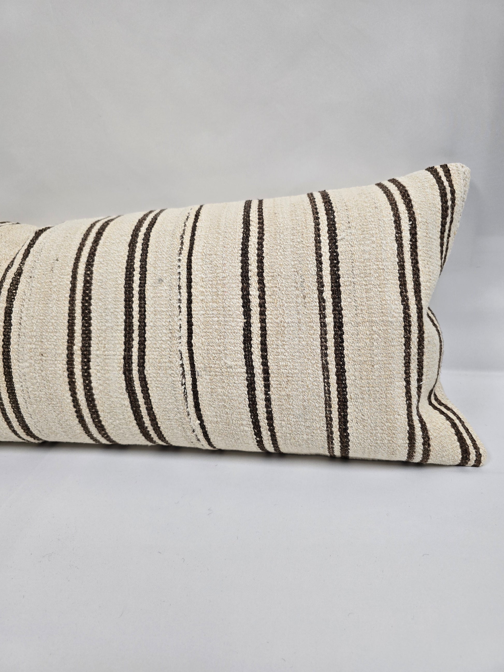 Turkish Lumbar Rug Pillow Beige Brown Black Cushion Cover Hemp Pillow 14" x 40" #9363