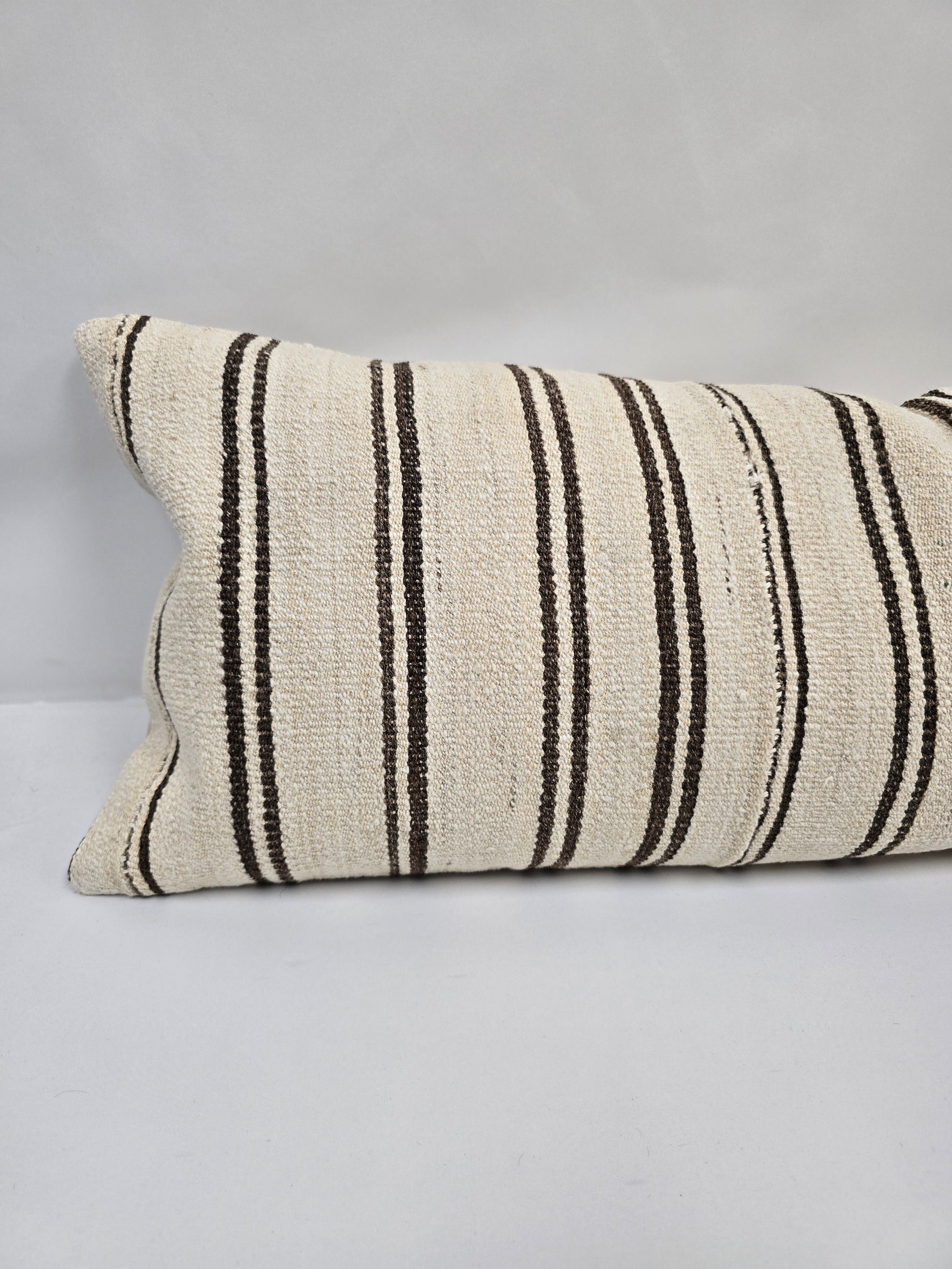 Turkish Lumbar Rug Pillow Beige Brown Black Cushion Cover Hemp Pillow 14" x 40" #9363