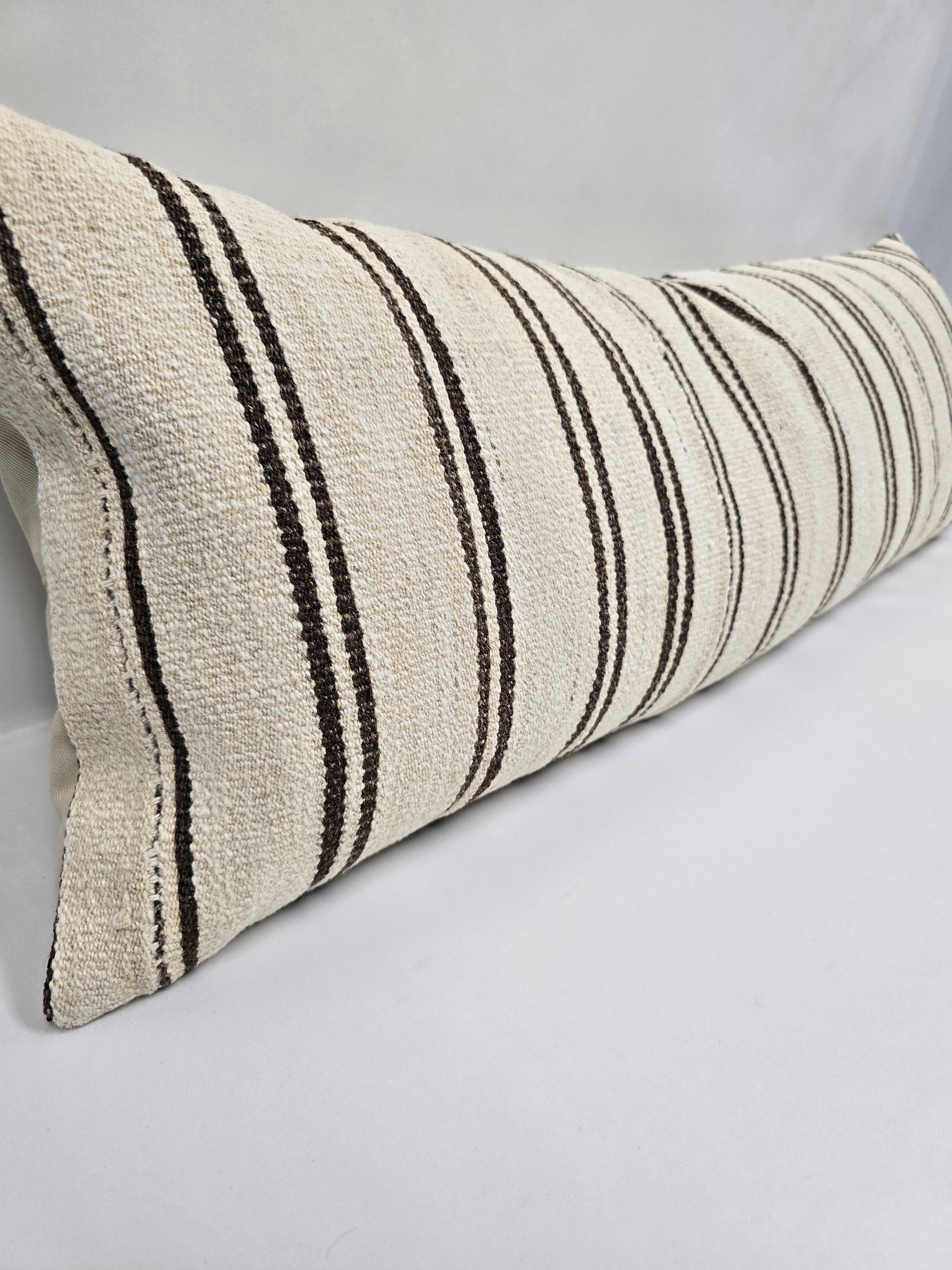 Turkish Lumbar Rug Pillow Beige Brown Black Cushion Cover Hemp Pillow 14" x 40" #9363