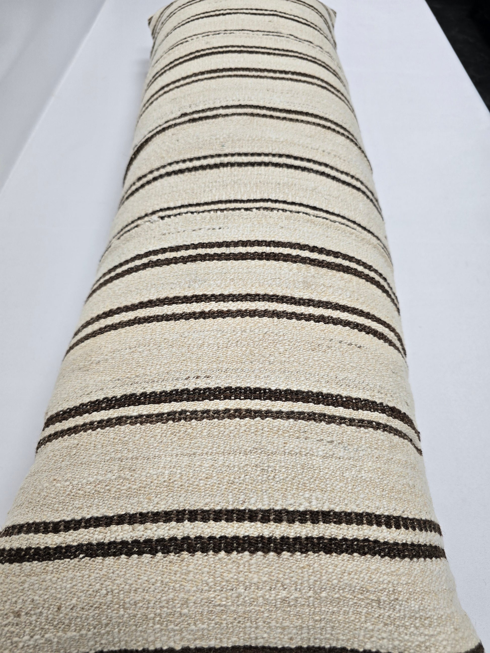 Turkish Lumbar Rug Pillow Beige Brown Black Cushion Cover Hemp Pillow 14" x 40" #9363