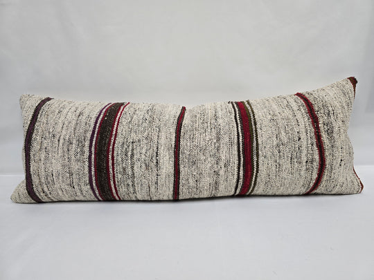 Turkish Lumbar Rug Pillow Beige Red Black Cushion Cover Hemp Pillow 14" x 40" #9362