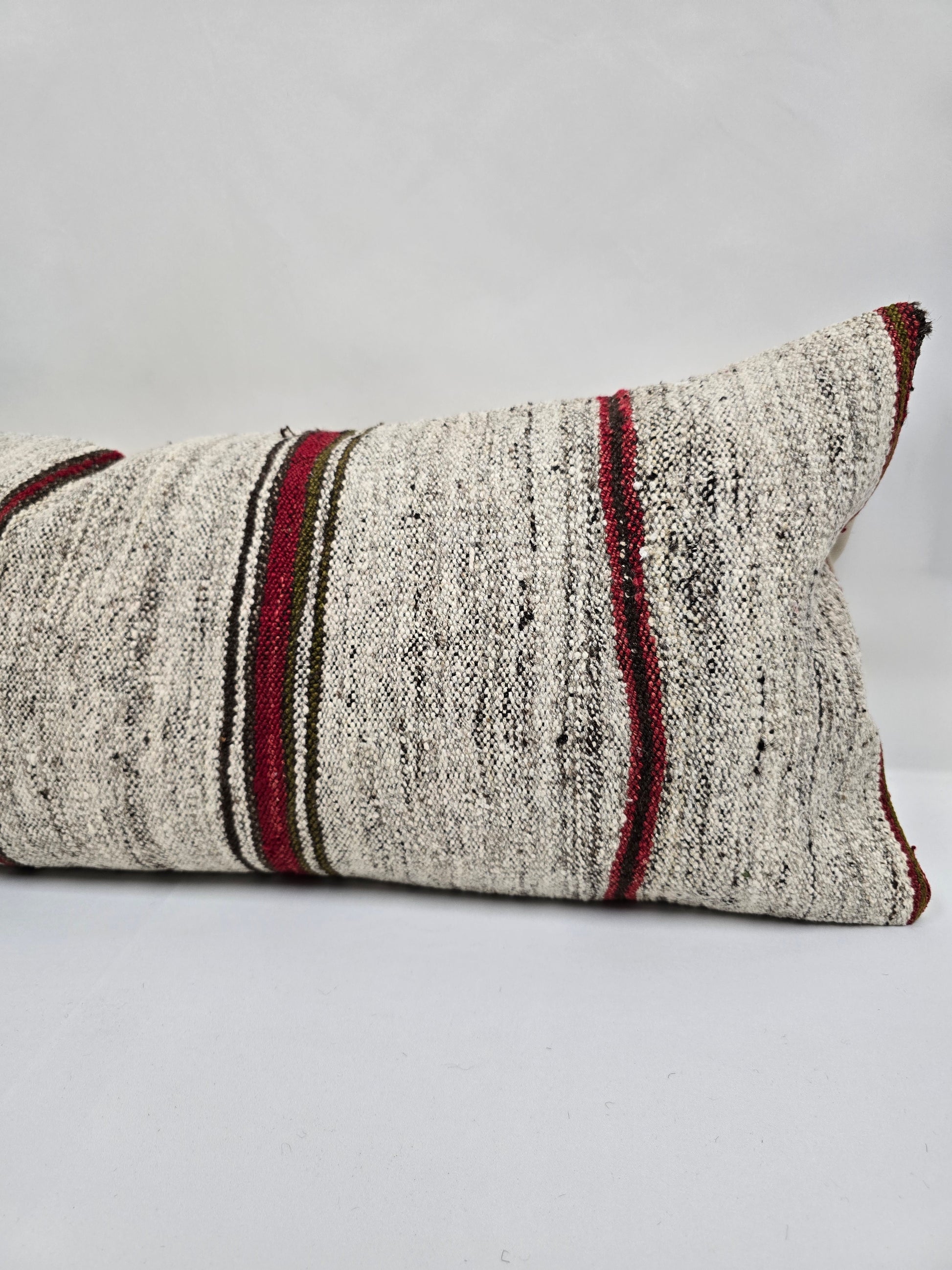 Turkish Lumbar Rug Pillow Beige Red Black Cushion Cover Hemp Pillow 14" x 40" #9362