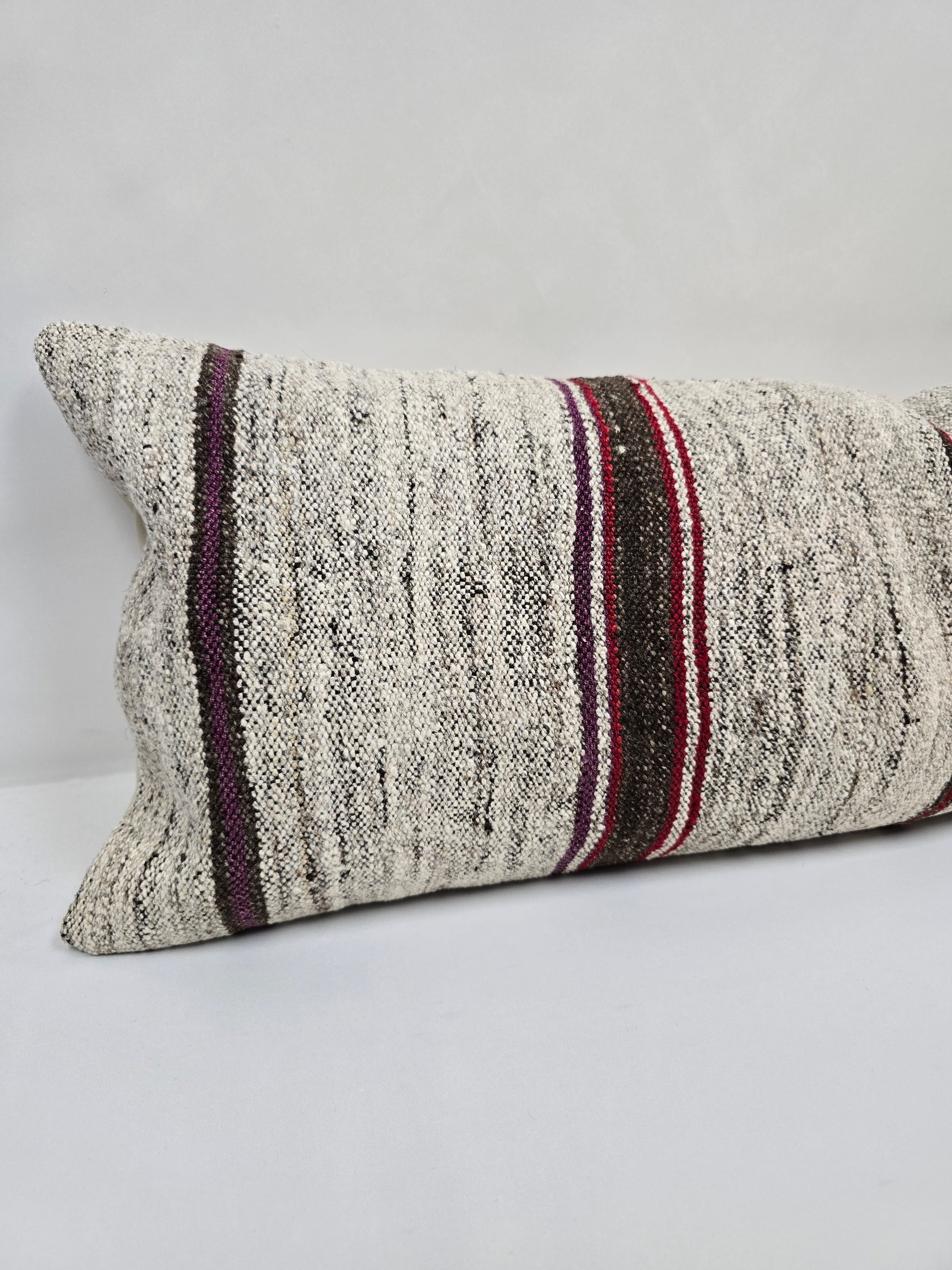 Turkish Lumbar Rug Pillow Beige Red Black Cushion Cover Hemp Pillow 14" x 40" #9362