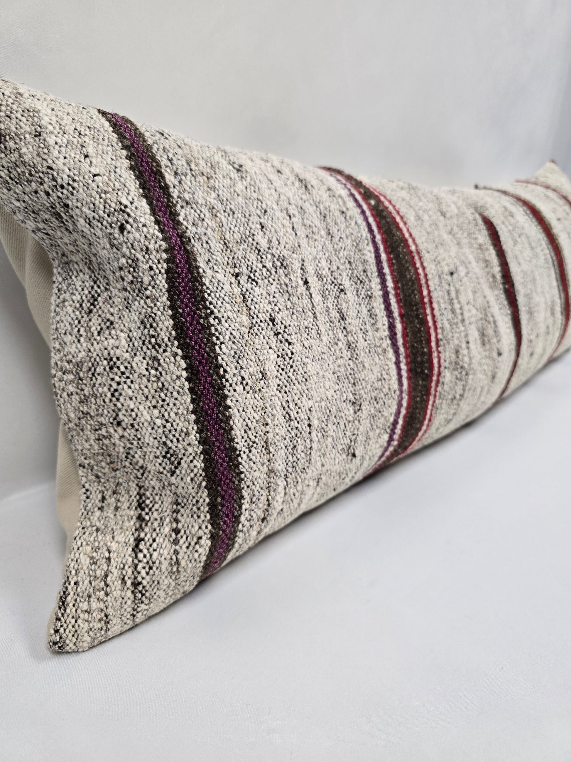 Turkish Lumbar Rug Pillow Beige Red Black Cushion Cover Hemp Pillow 14" x 40" #9362