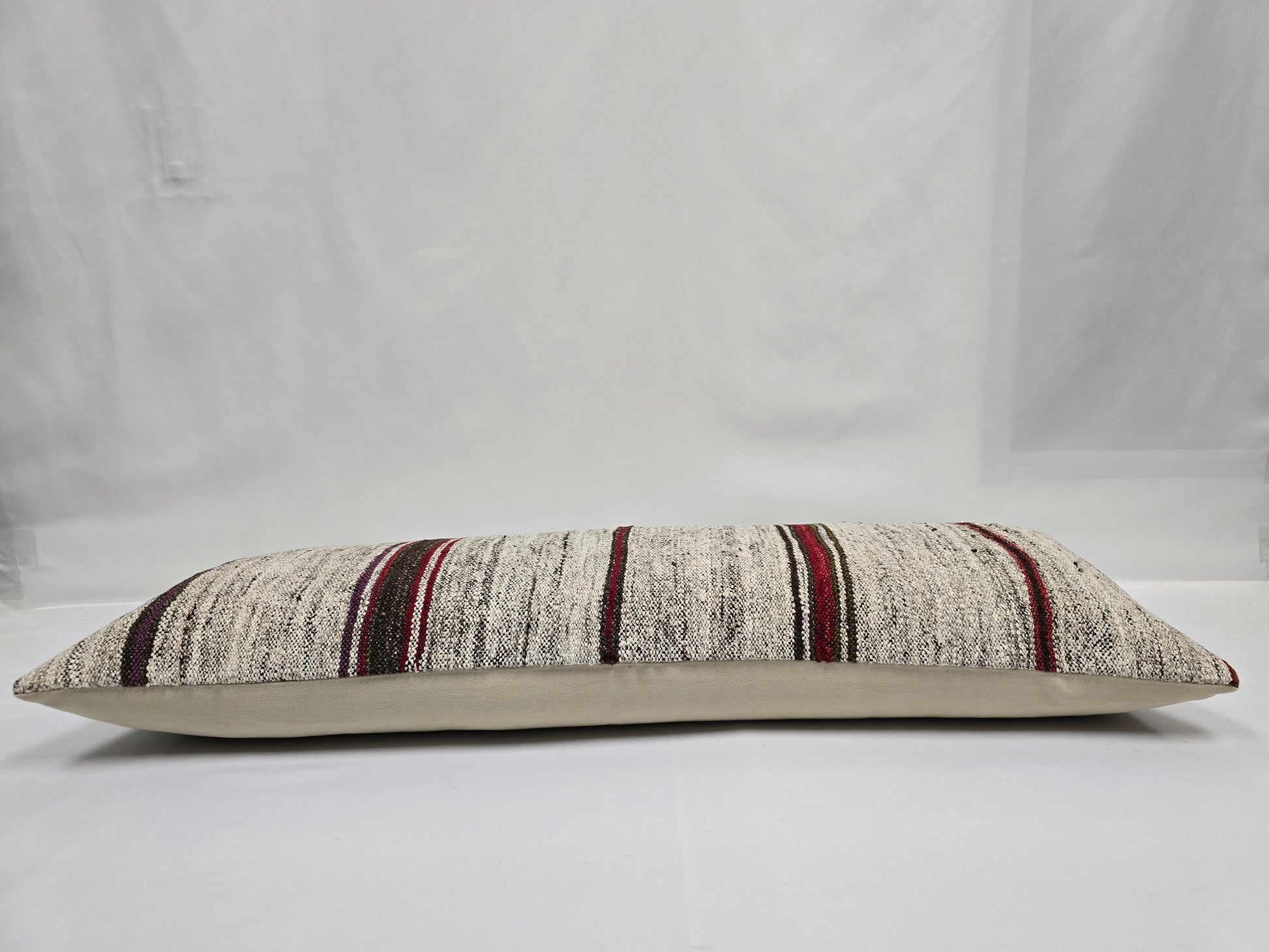 Turkish Lumbar Rug Pillow Beige Red Black Cushion Cover Hemp Pillow 14" x 40" #9362