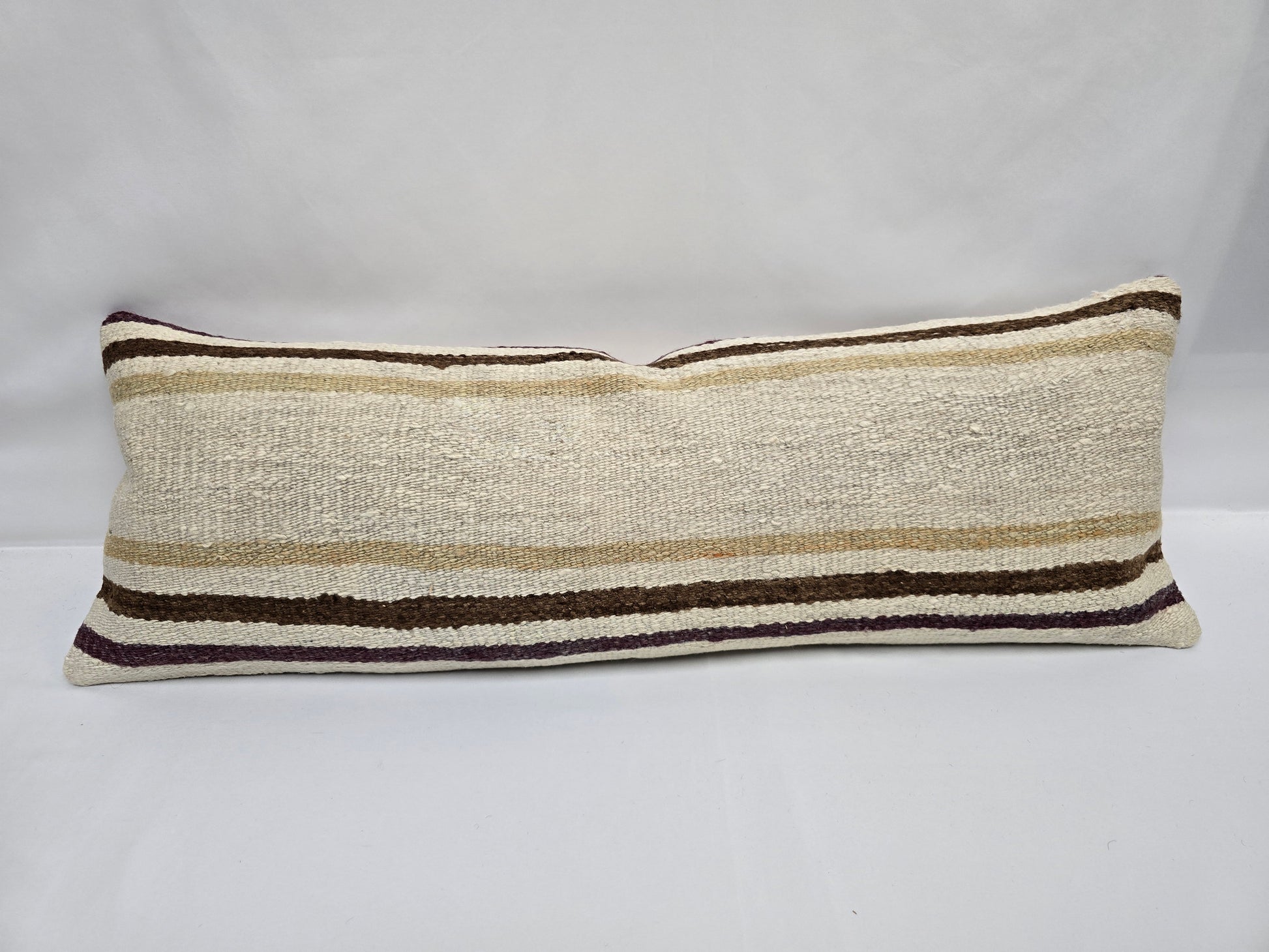 Turkish Lumbar Rug Pillow Beige Brown Purple Cushion Cover Hemp Pillow 14" x 40" #9361