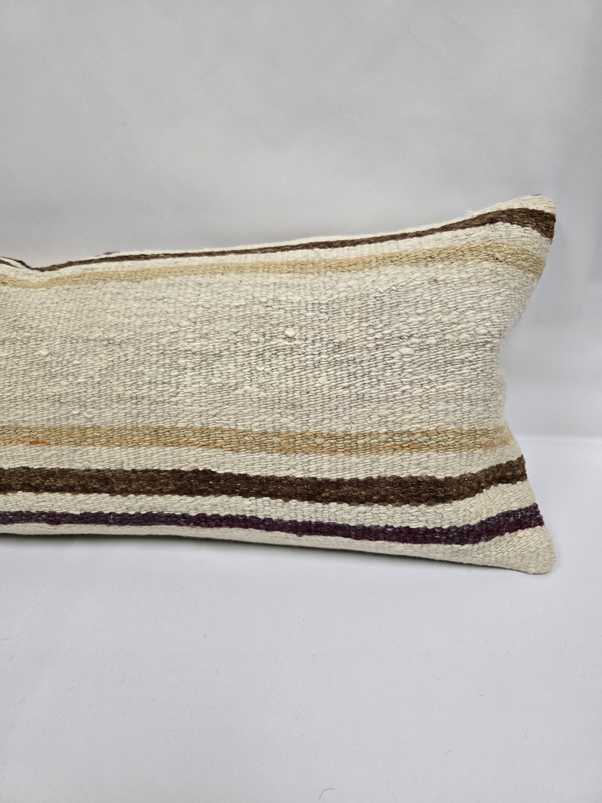 Turkish Lumbar Rug Pillow Beige Brown Purple Cushion Cover Hemp Pillow 14" x 40" #9361