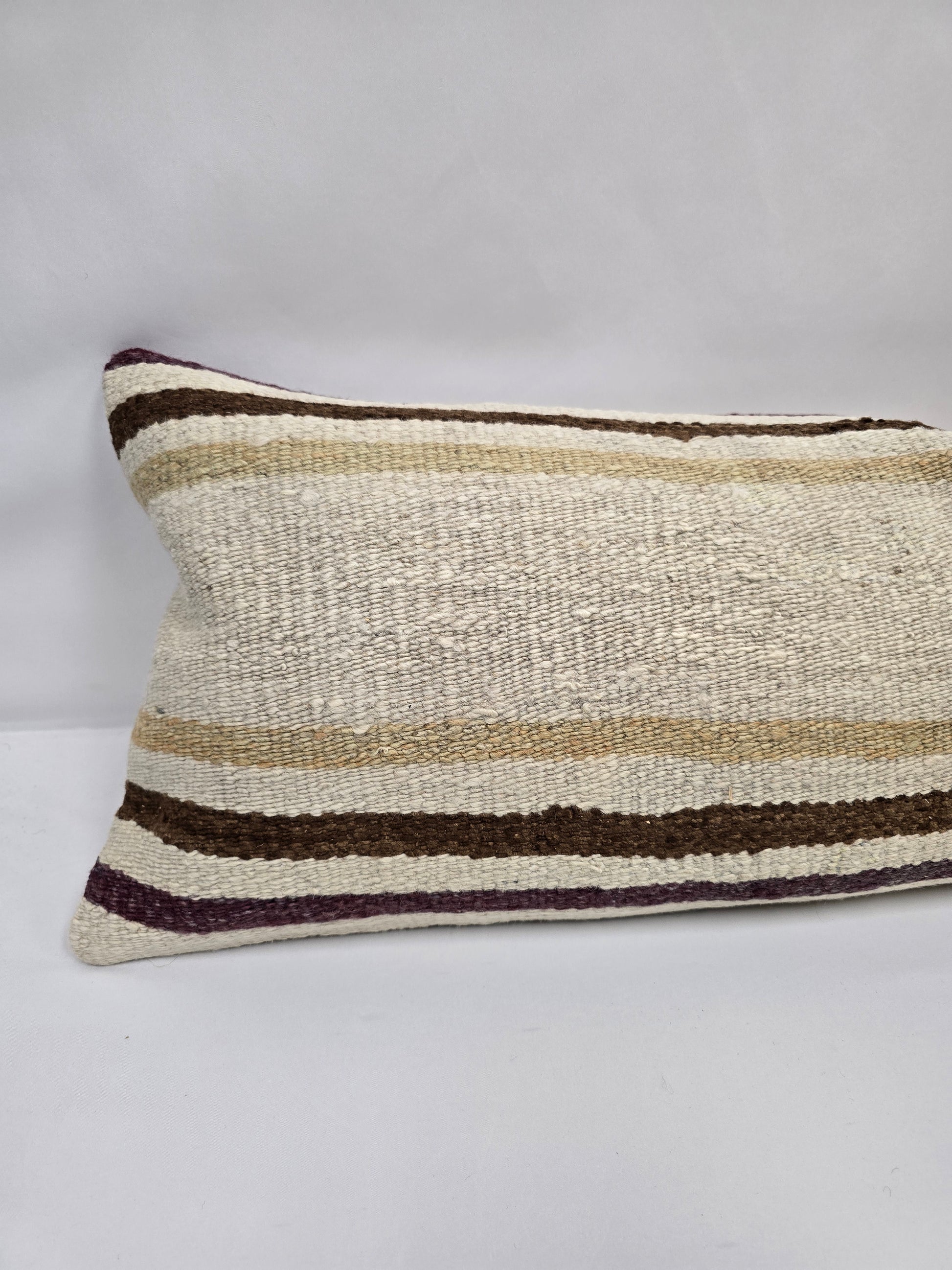 Turkish Lumbar Rug Pillow Beige Brown Purple Cushion Cover Hemp Pillow 14" x 40" #9361