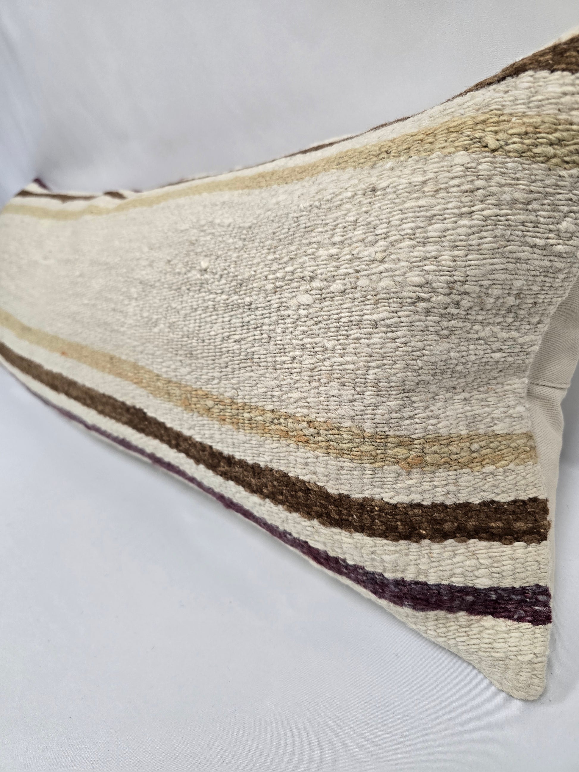 Turkish Lumbar Rug Pillow Beige Brown Purple Cushion Cover Hemp Pillow 14" x 40" #9361