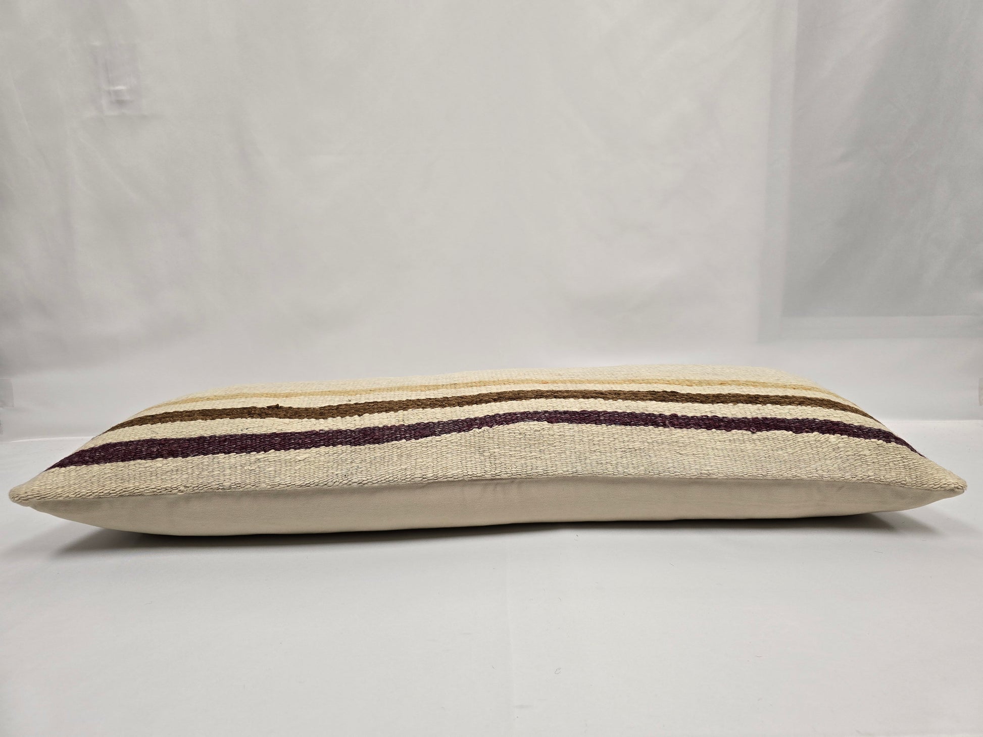 Turkish Lumbar Rug Pillow Beige Brown Purple Cushion Cover Hemp Pillow 14" x 40" #9361