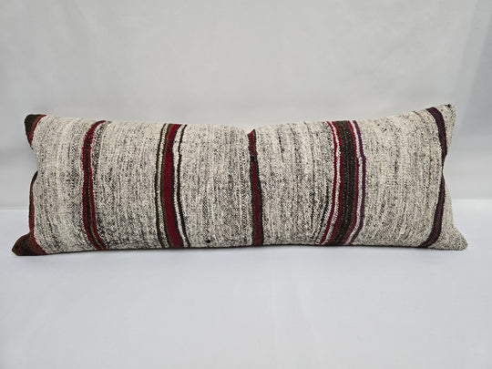 Turkish Lumbar Rug Pillow Beige Black Red Cushion Cover Hemp Pillow 14" x 40" #9360