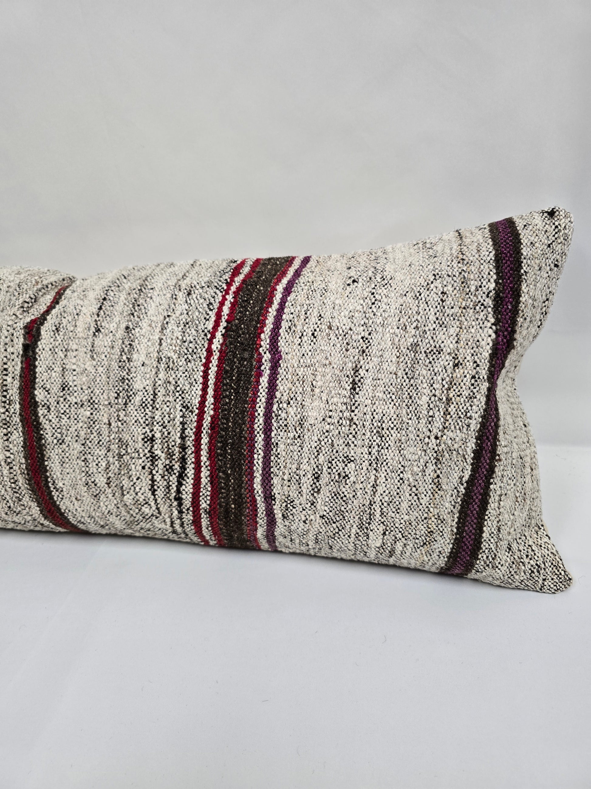 Turkish Lumbar Rug Pillow Beige Black Red Cushion Cover Hemp Pillow 14" x 40" #9360