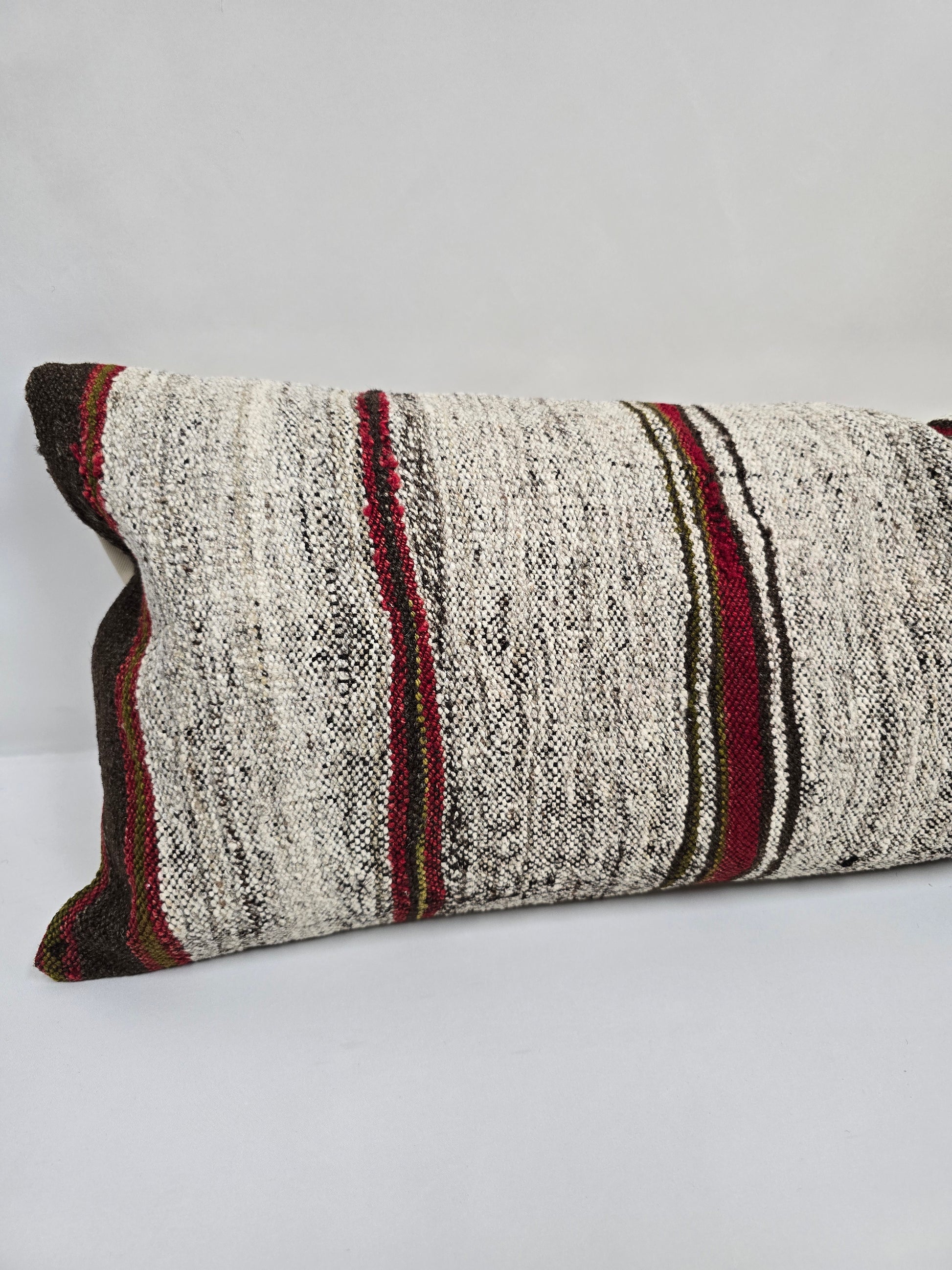 Turkish Lumbar Rug Pillow Beige Black Red Cushion Cover Hemp Pillow 14" x 40" #9360