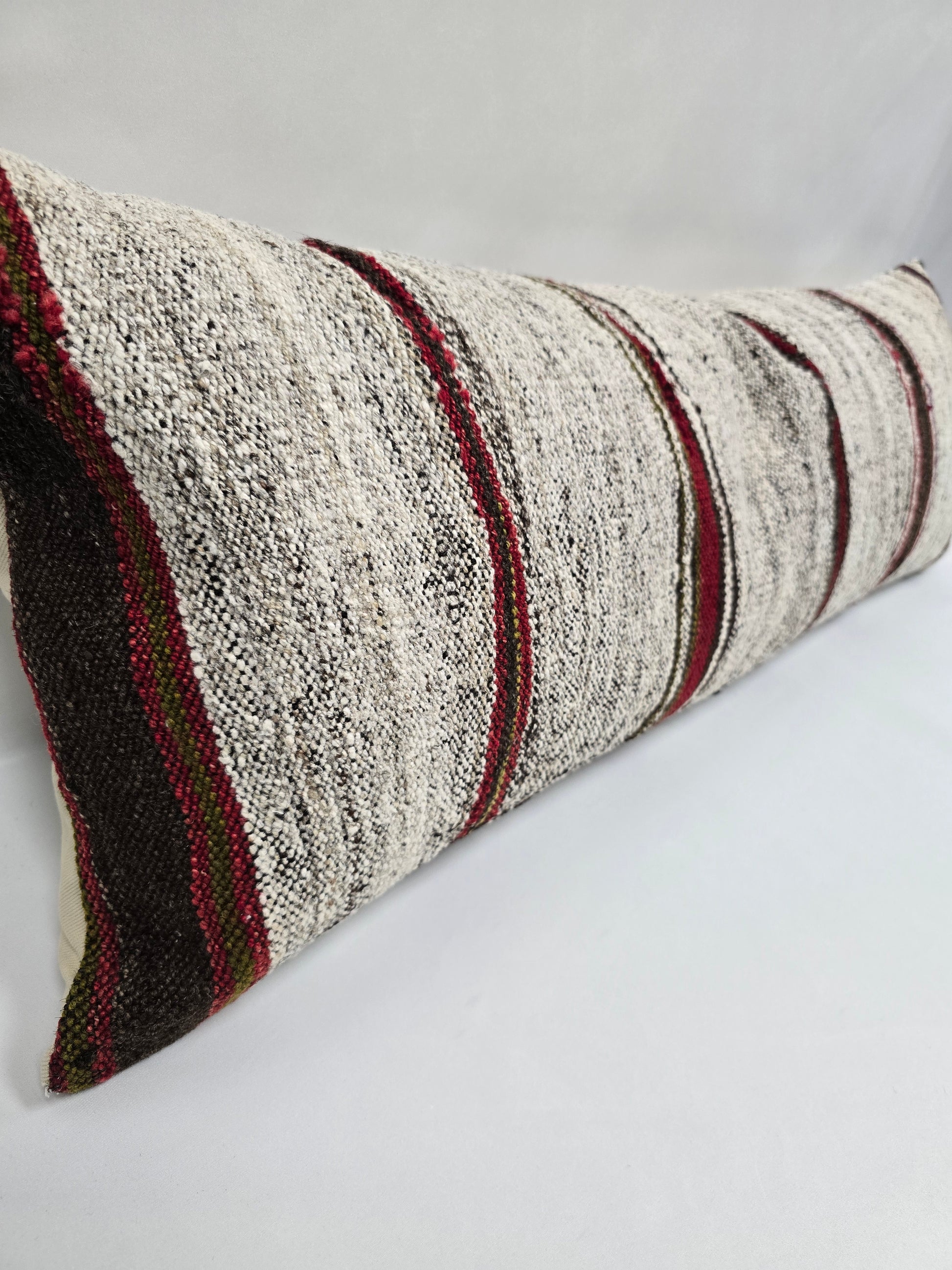 Turkish Lumbar Rug Pillow Beige Black Red Cushion Cover Hemp Pillow 14" x 40" #9360