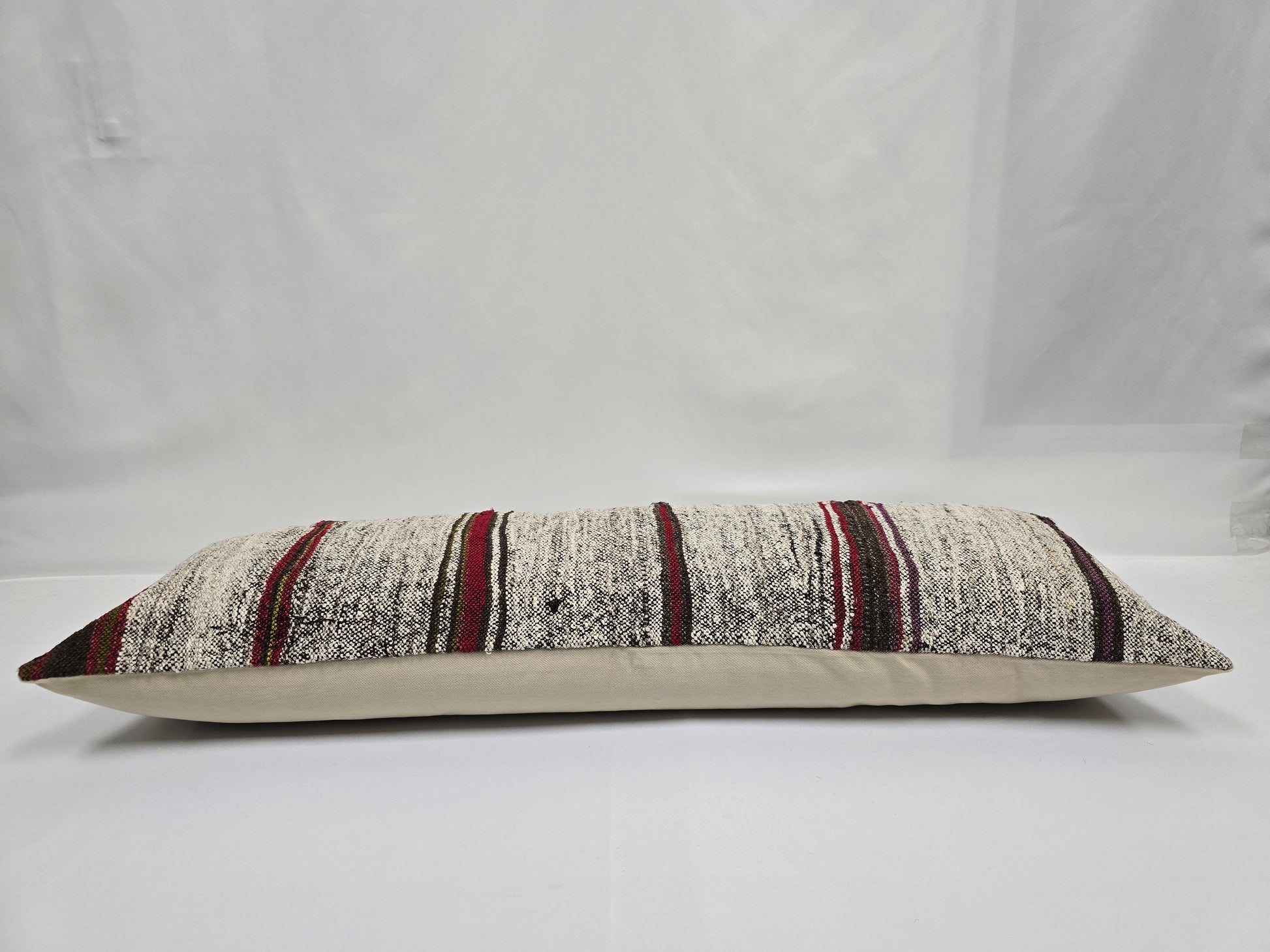 Turkish Lumbar Rug Pillow Beige Black Red Cushion Cover Hemp Pillow 14" x 40" #9360