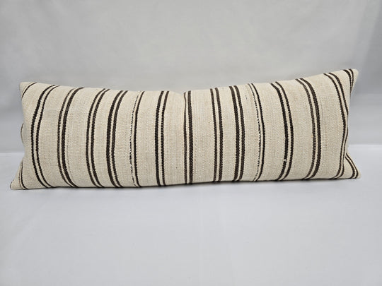 Turkish Lumbar Rug Pillow Beige Black Brown Cushion Cover Hemp Pillow 14" x 40" #9359