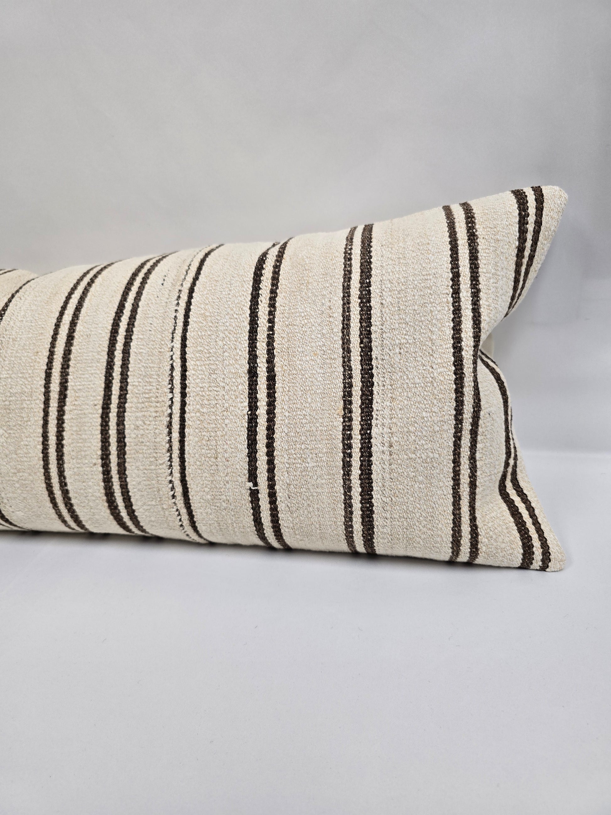 Turkish Lumbar Rug Pillow Beige Black Brown Cushion Cover Hemp Pillow 14" x 40" #9359