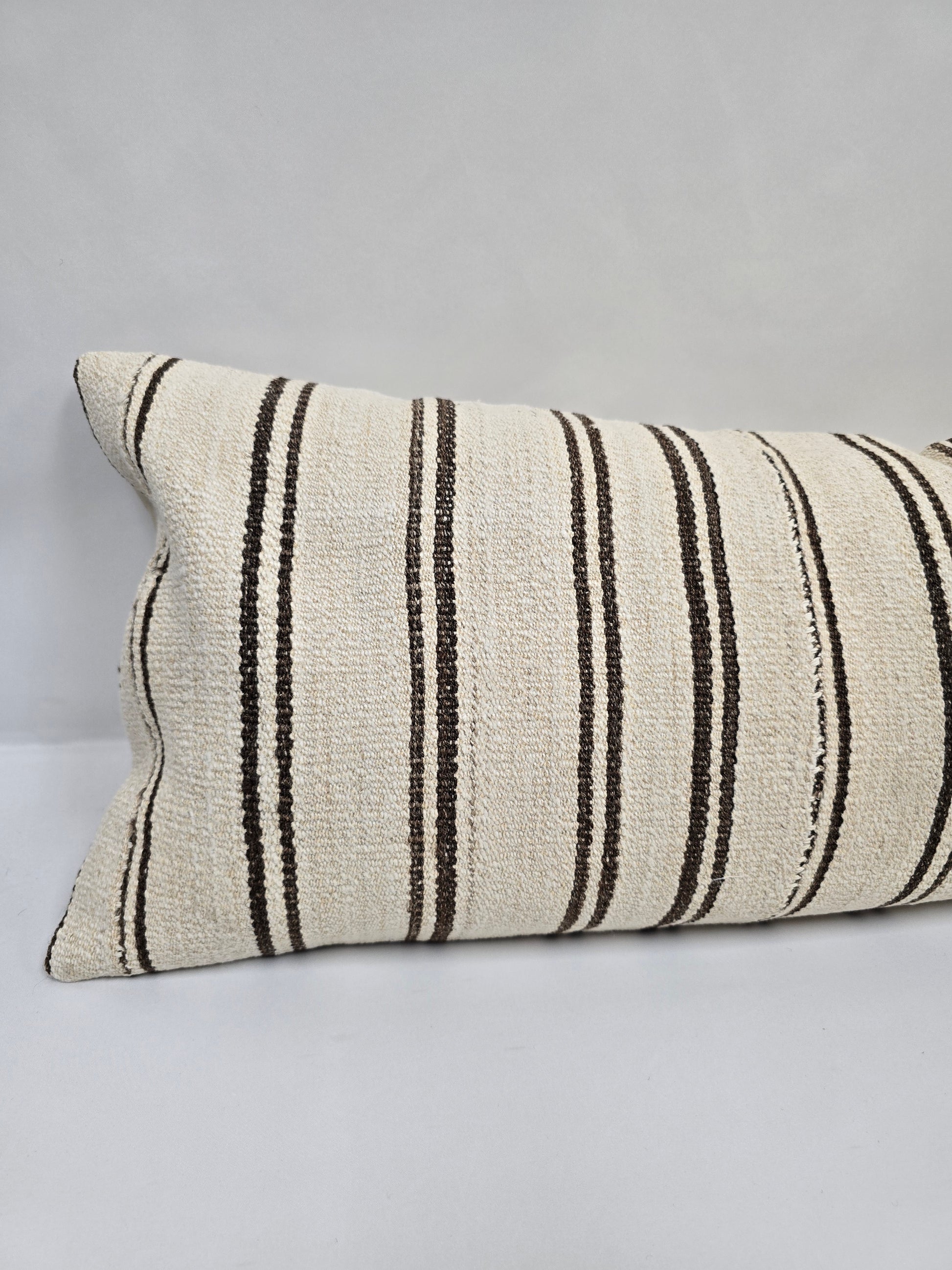 Turkish Lumbar Rug Pillow Beige Black Brown Cushion Cover Hemp Pillow 14" x 40" #9359