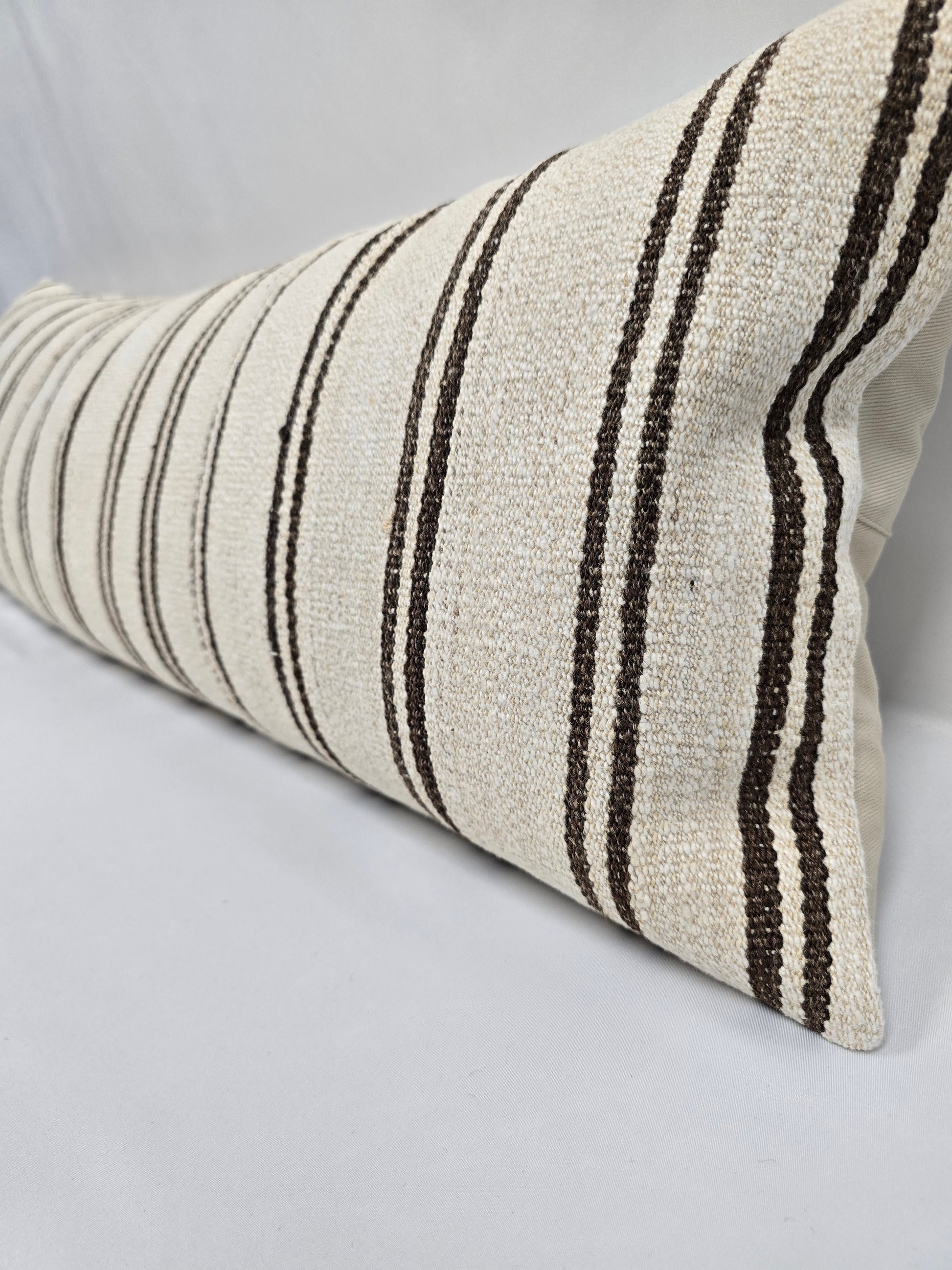 Turkish Lumbar Rug Pillow Beige Black Brown Cushion Cover Hemp Pillow 14" x 40" #9359