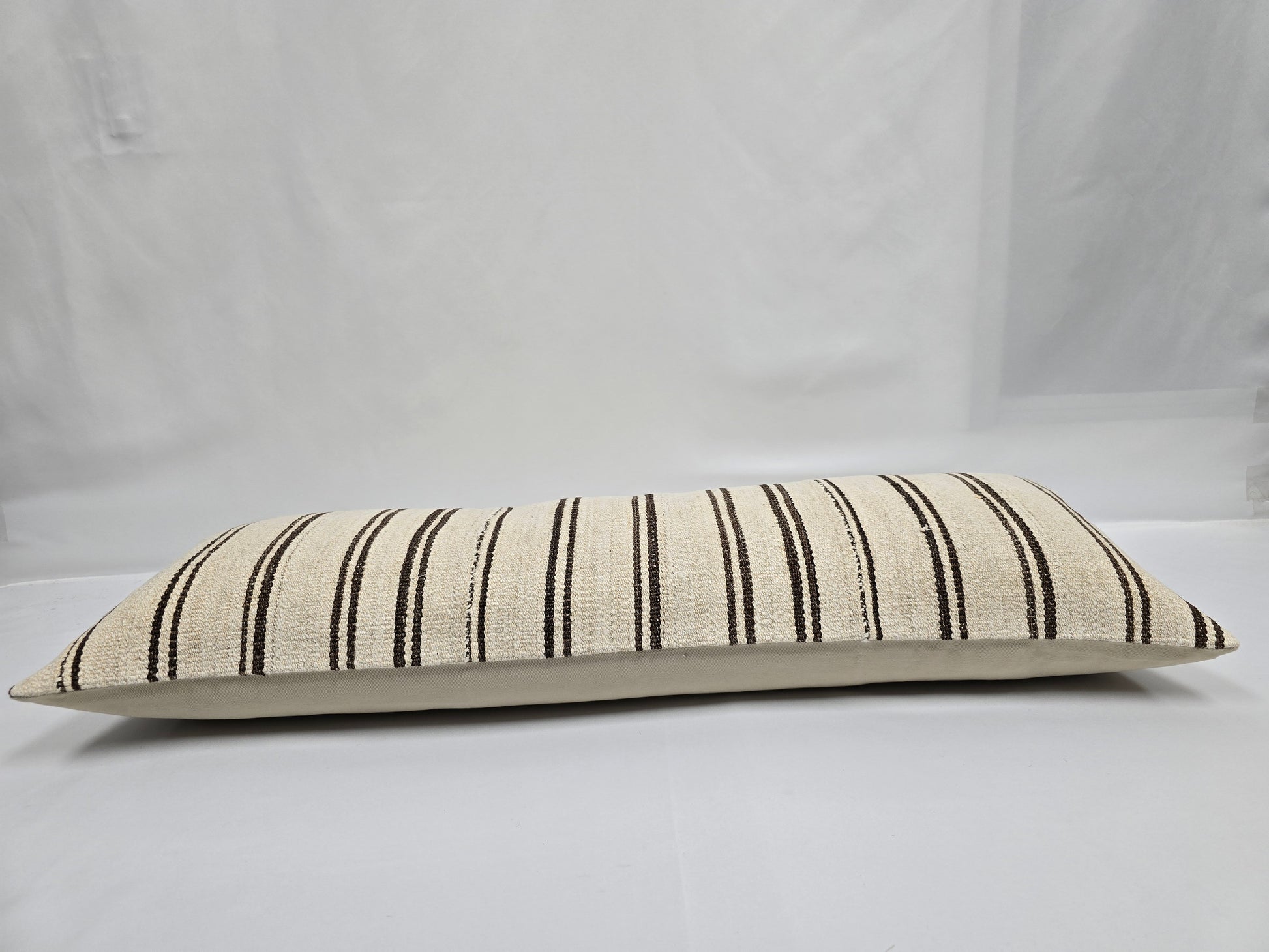 Turkish Lumbar Rug Pillow Beige Black Brown Cushion Cover Hemp Pillow 14" x 40" #9359