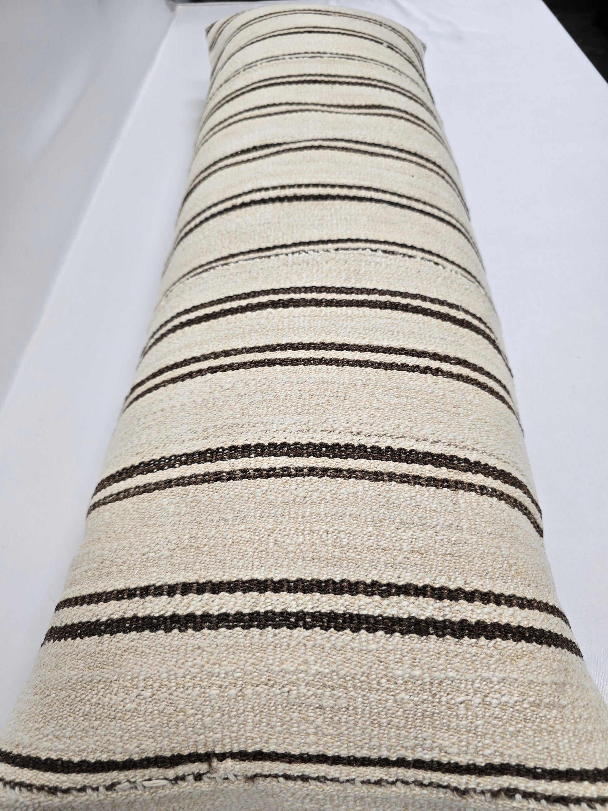 Turkish Lumbar Rug Pillow Beige Black Brown Cushion Cover Hemp Pillow 14" x 40" #9359