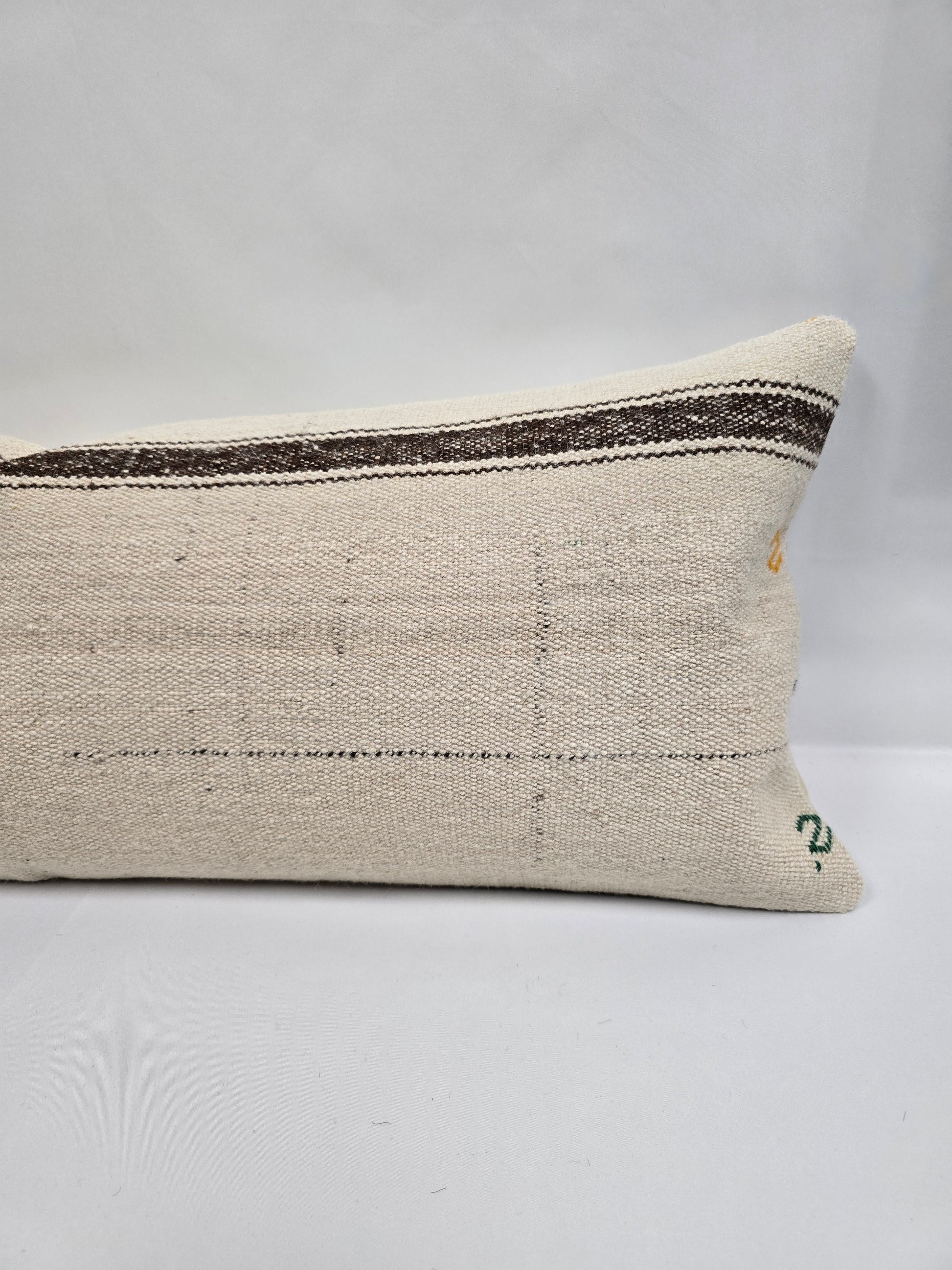 Turkish Lumbar Rug Pillow Beige Brown Cushion Cover Hemp Pillow 14" x 40" #9398