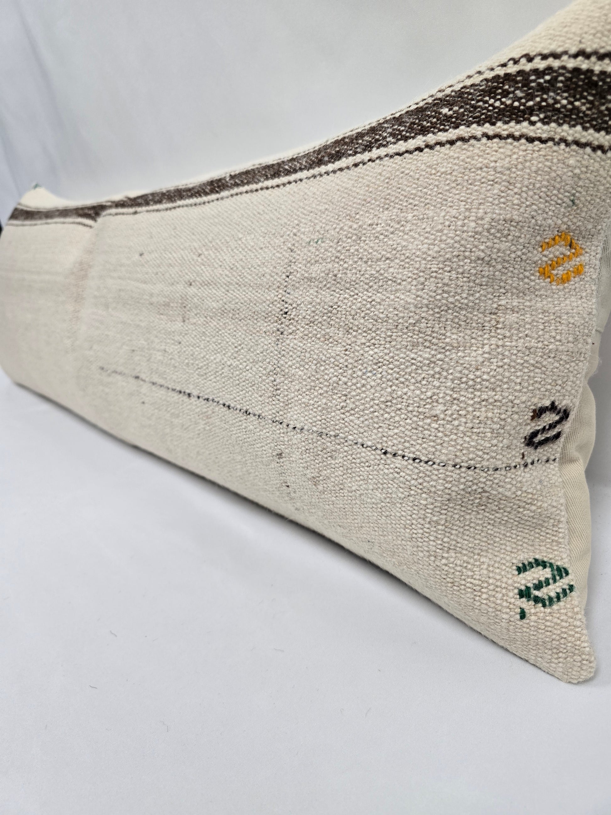 Turkish Lumbar Rug Pillow Beige Brown Cushion Cover Hemp Pillow 14" x 40" #9398