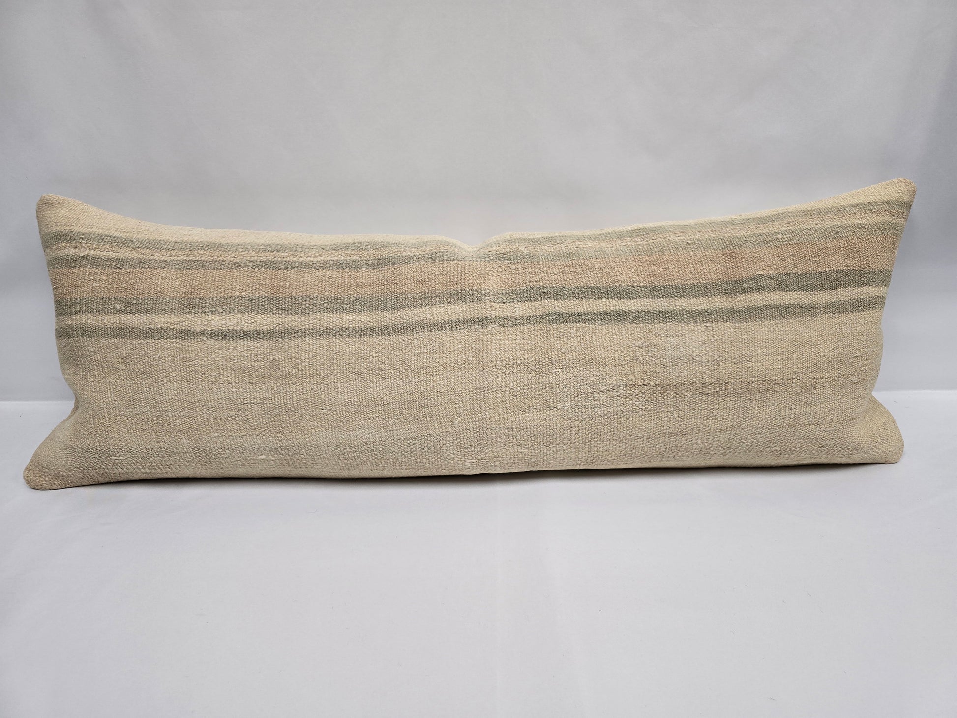 Turkish Lumbar Rug Pillow Beige Brown Green Cushion Cover Hemp Pillow 14" x 40" #9395