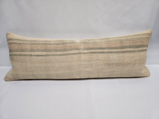 Turkish Lumbar Rug Pillow Beige Brown Green Cushion Cover Hemp Pillow 14" x 40" #9395