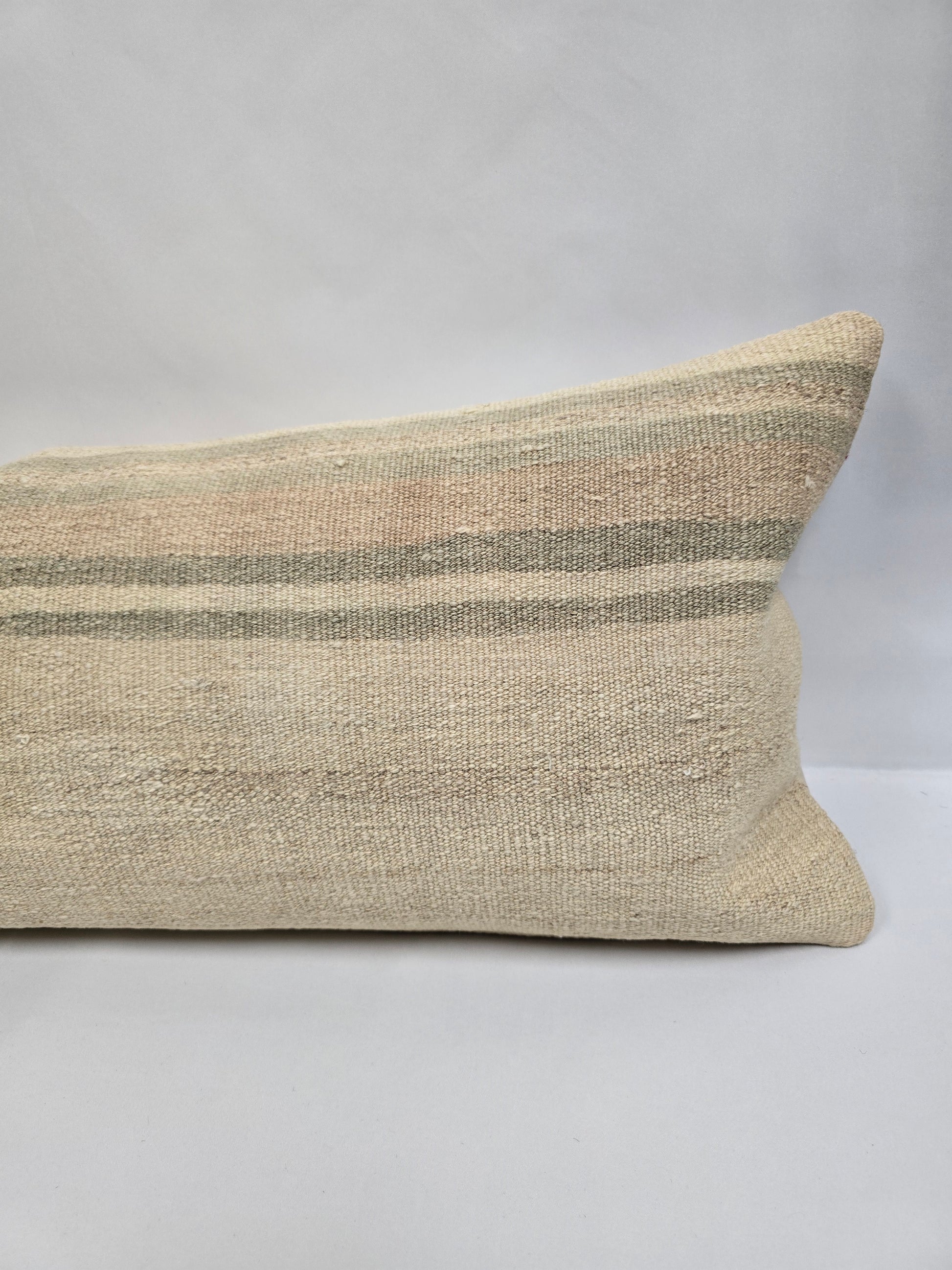 Turkish Lumbar Rug Pillow Beige Brown Green Cushion Cover Hemp Pillow 14" x 40" #9395