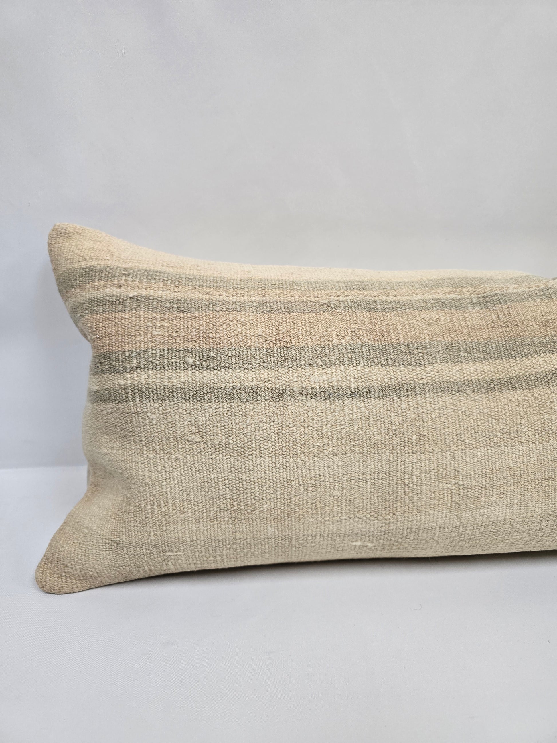 Turkish Lumbar Rug Pillow Beige Brown Green Cushion Cover Hemp Pillow 14" x 40" #9395