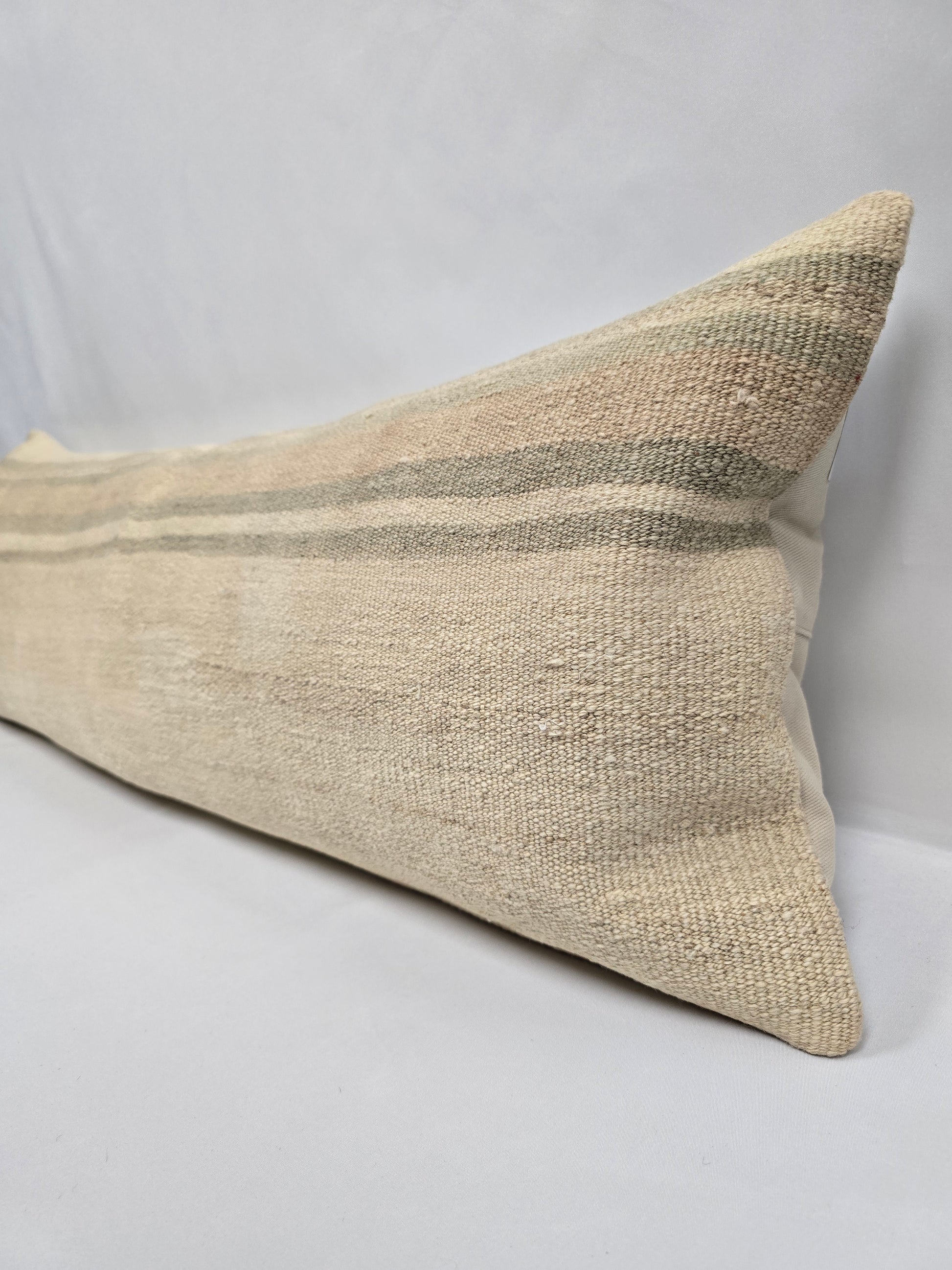 Turkish Lumbar Rug Pillow Beige Brown Green Cushion Cover Hemp Pillow 14" x 40" #9395