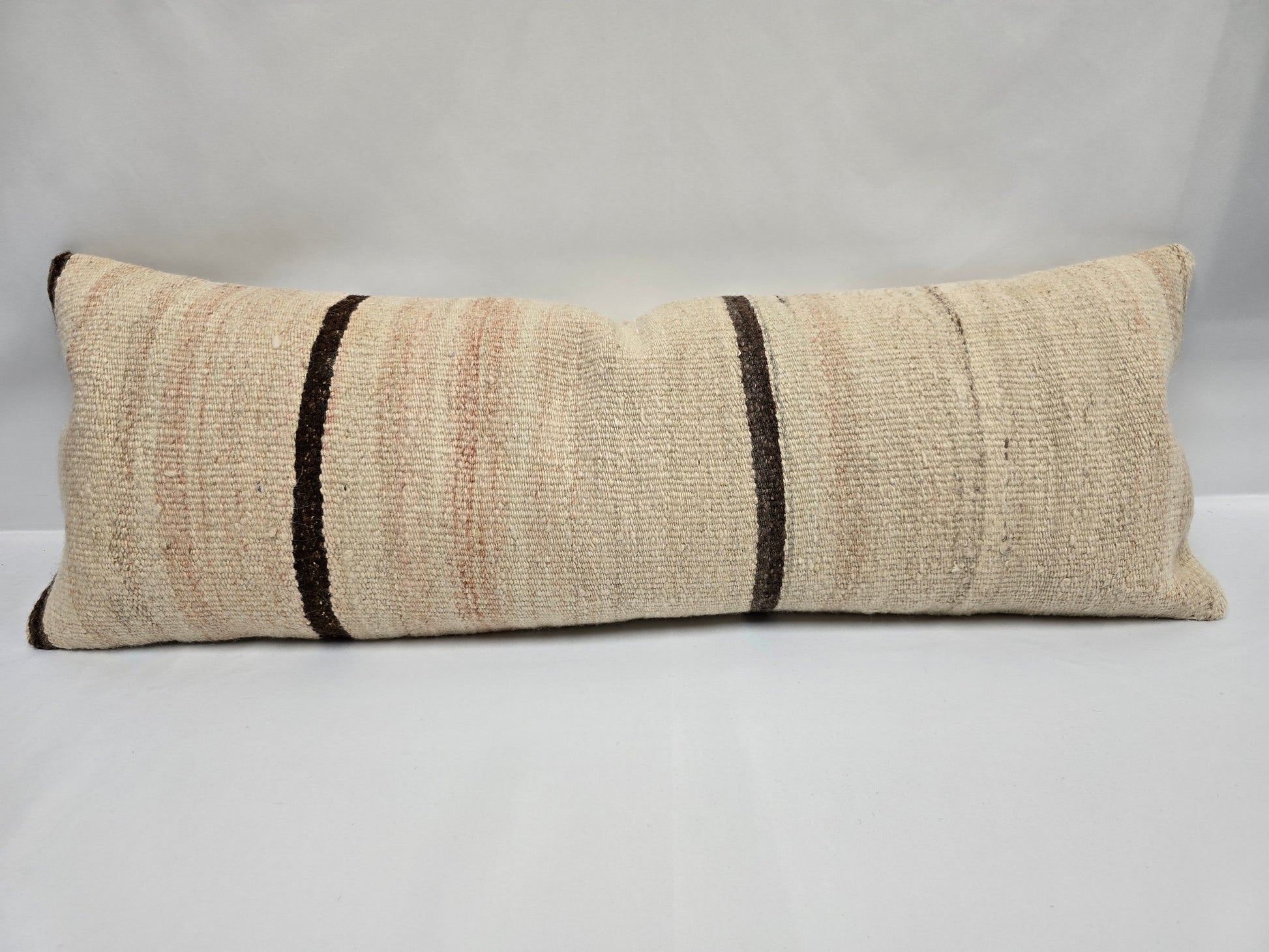 Turkish Lumbar Rug Pillow Beige Brown Cushion Cover Hemp Pillow 14" x 40" #9394-2