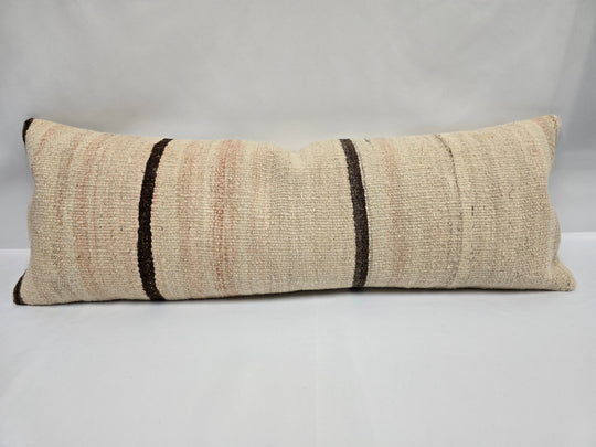 Turkish Lumbar Rug Pillow Beige Brown Cushion Cover Hemp Pillow 14" x 40" #9394-2